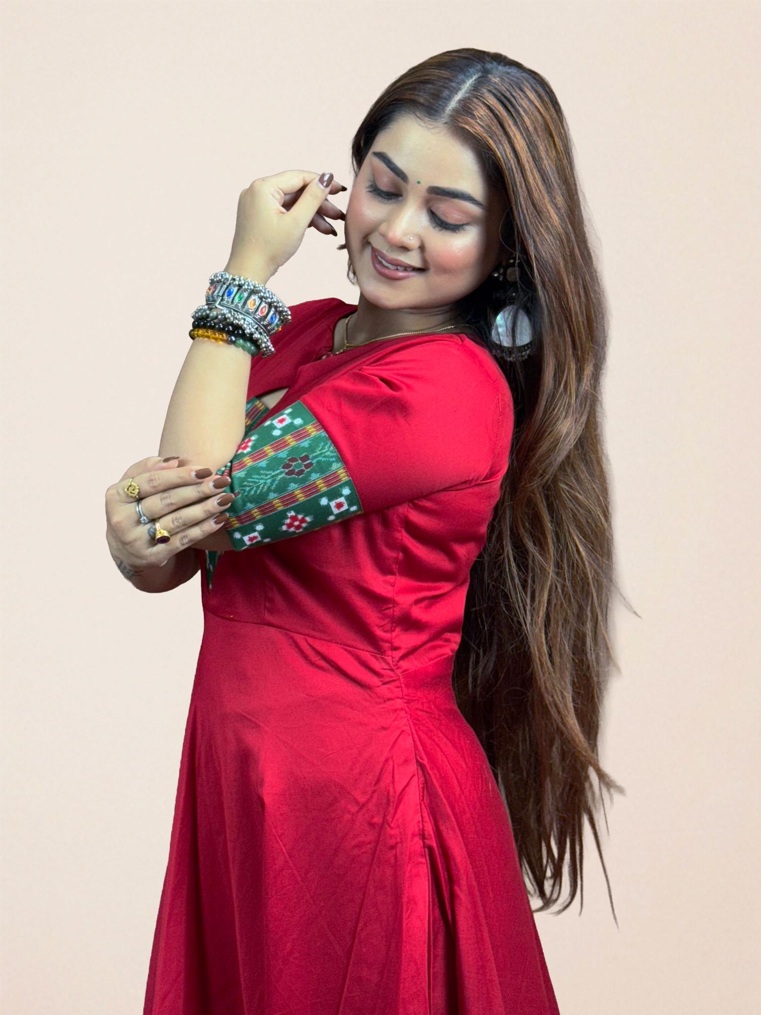 Red Anarkali with Sambalpuri Border Dupatta Set
