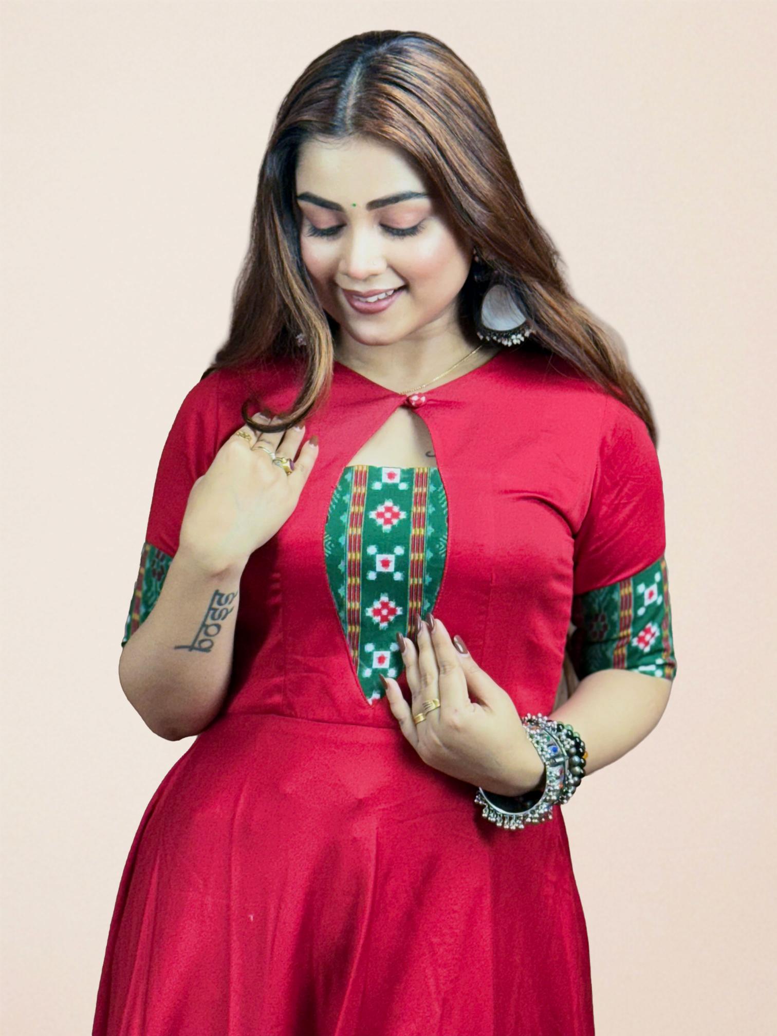 Red Anarkali with Sambalpuri Border Dupatta Set