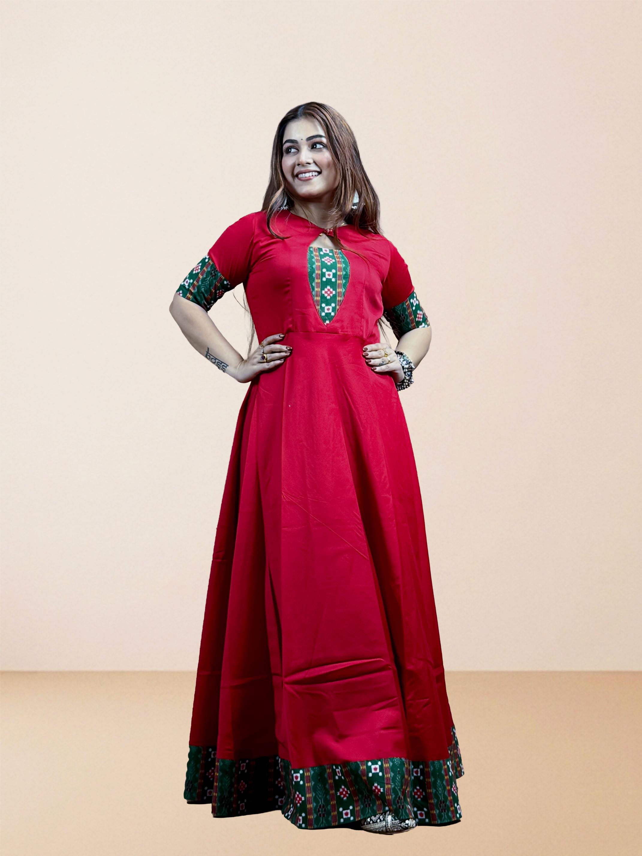 Red Anarkali with Sambalpuri Border Dupatta Set