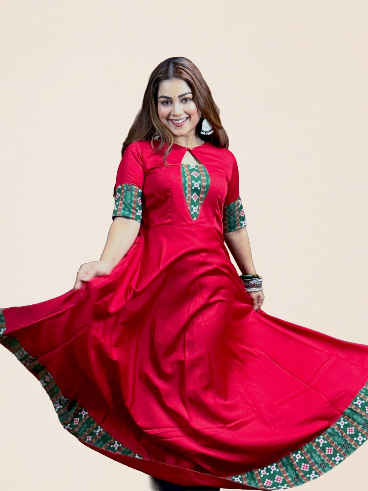 Red Anarkali with Sambalpuri Border Dupatta Set