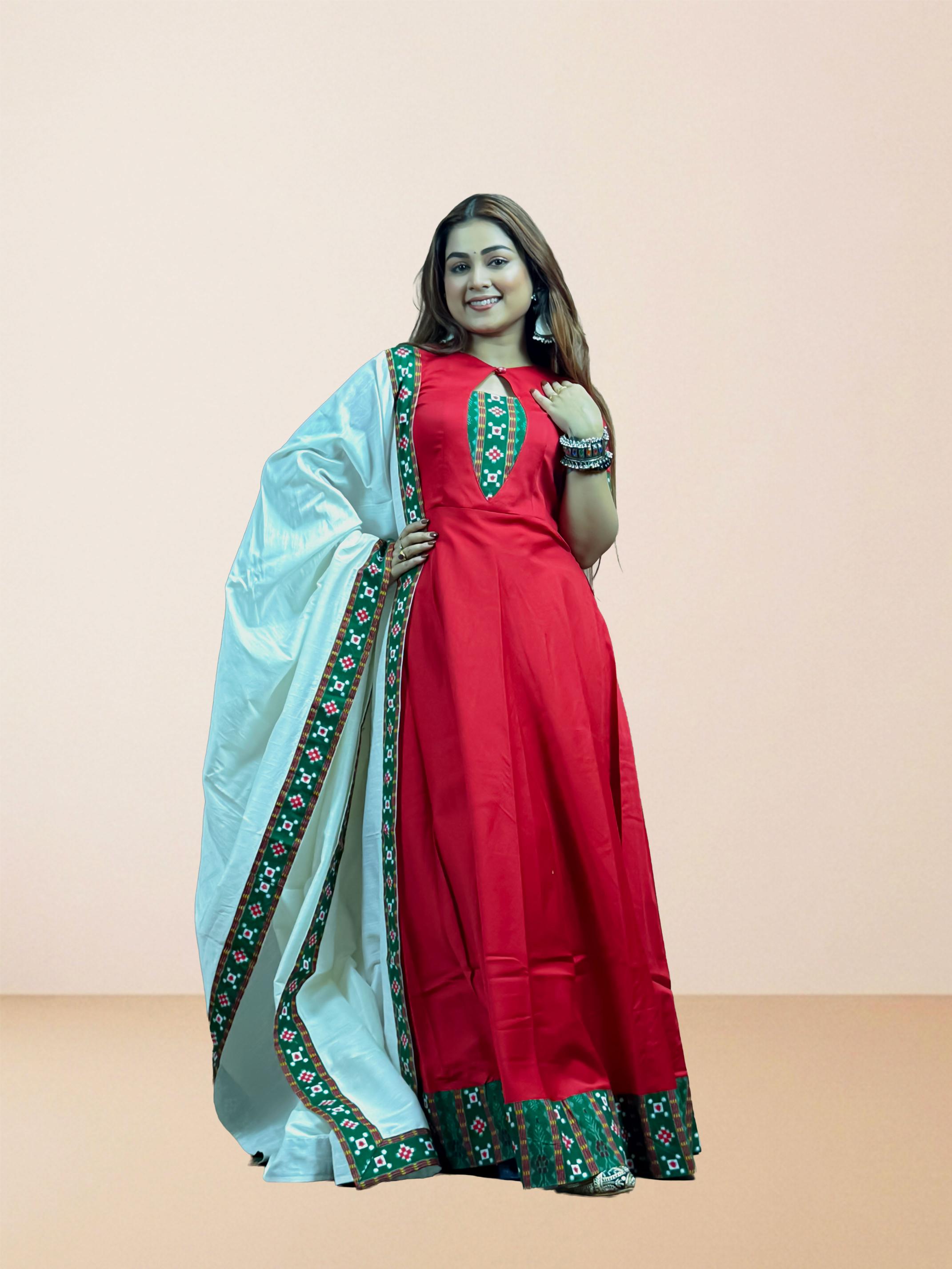 Red Anarkali with Sambalpuri Border Dupatta Set