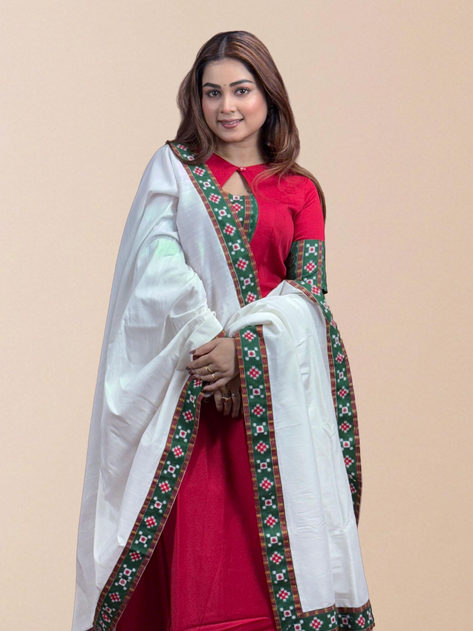 Red Anarkali with Sambalpuri Border Dupatta Set