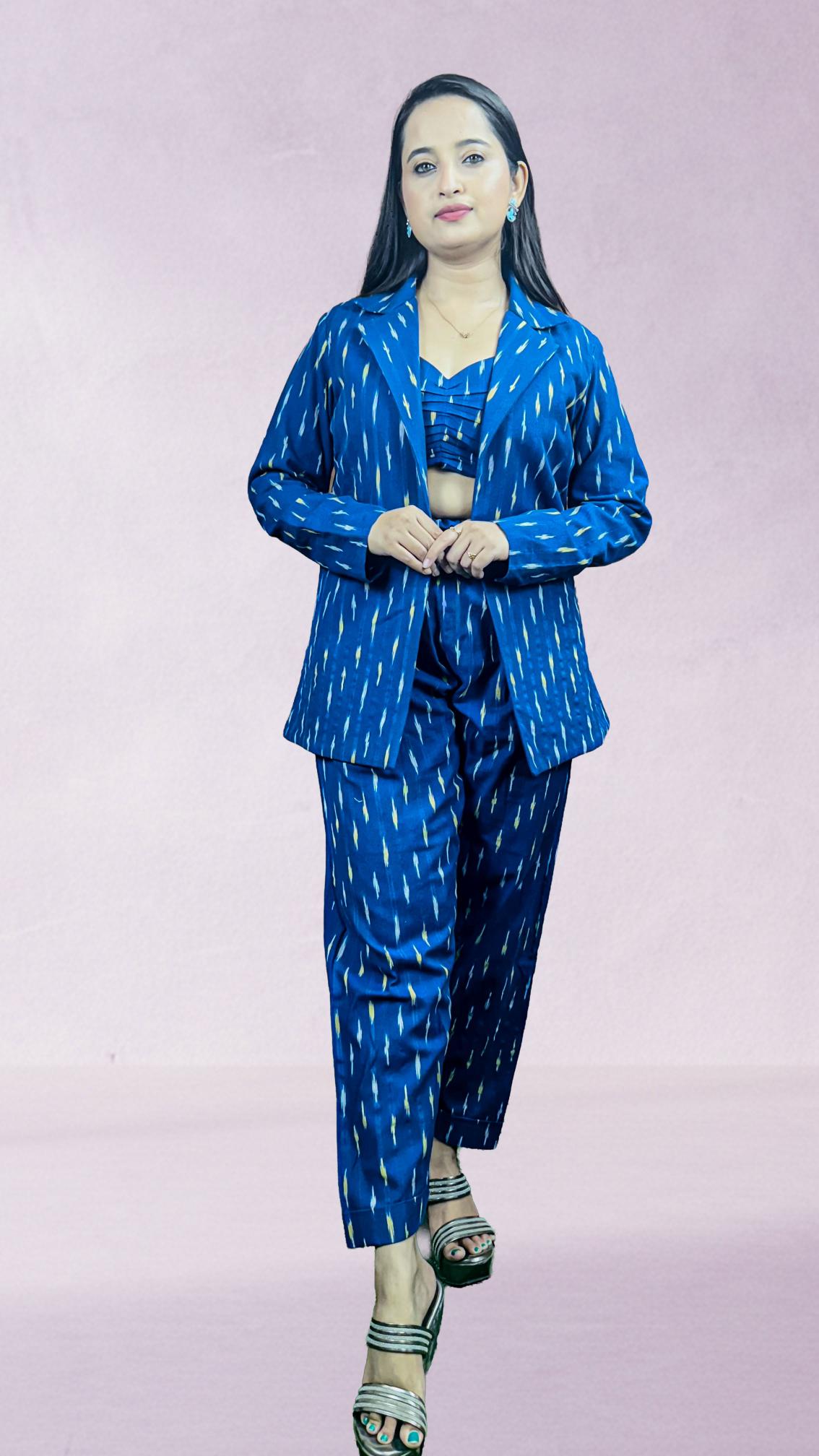 Blue ikkat print 3 piece co-ord set