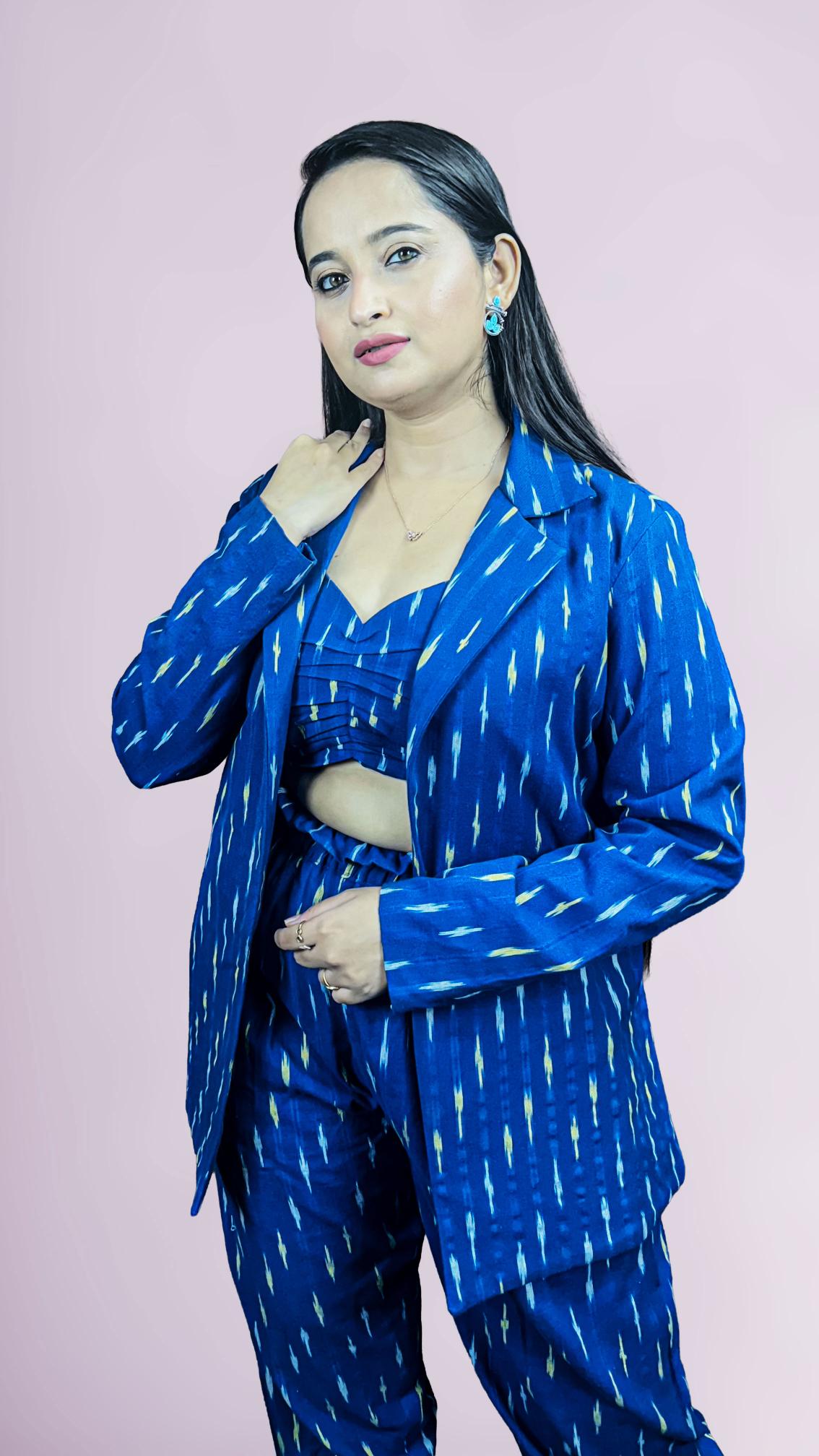 Blue ikkat print 3 piece co-ord set