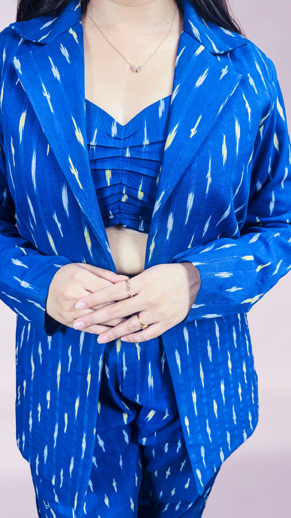 Blue ikkat print 3 piece co-ord set