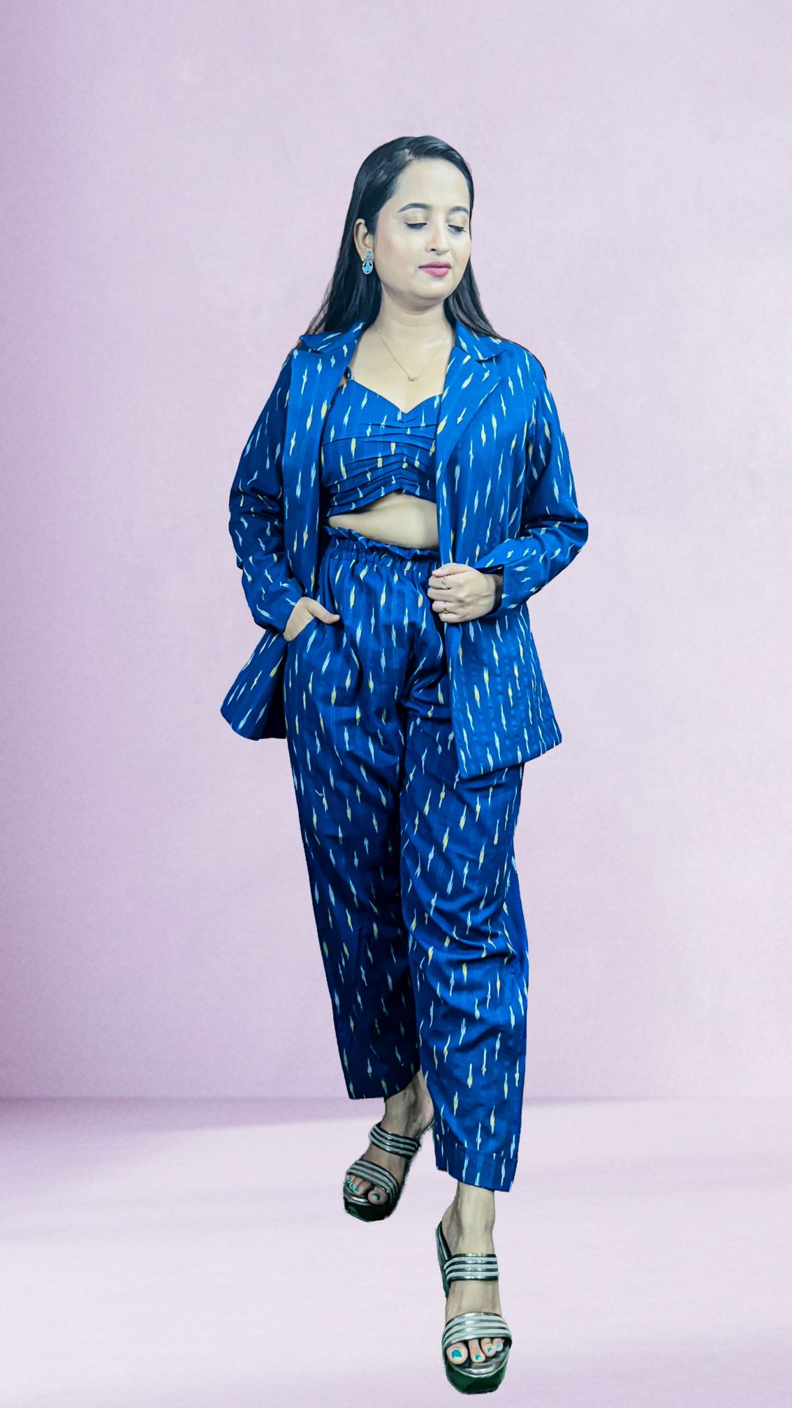 Blue ikkat print 3 piece co-ord set