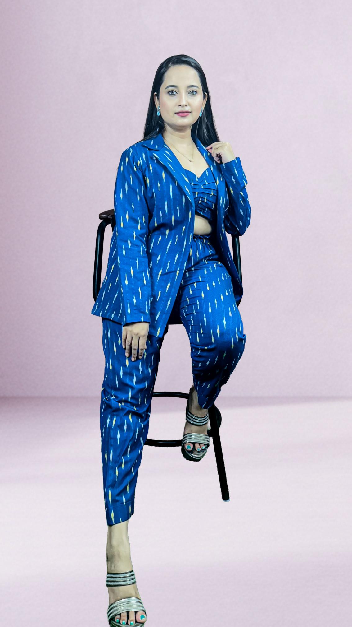 Blue ikkat print 3 piece co-ord set