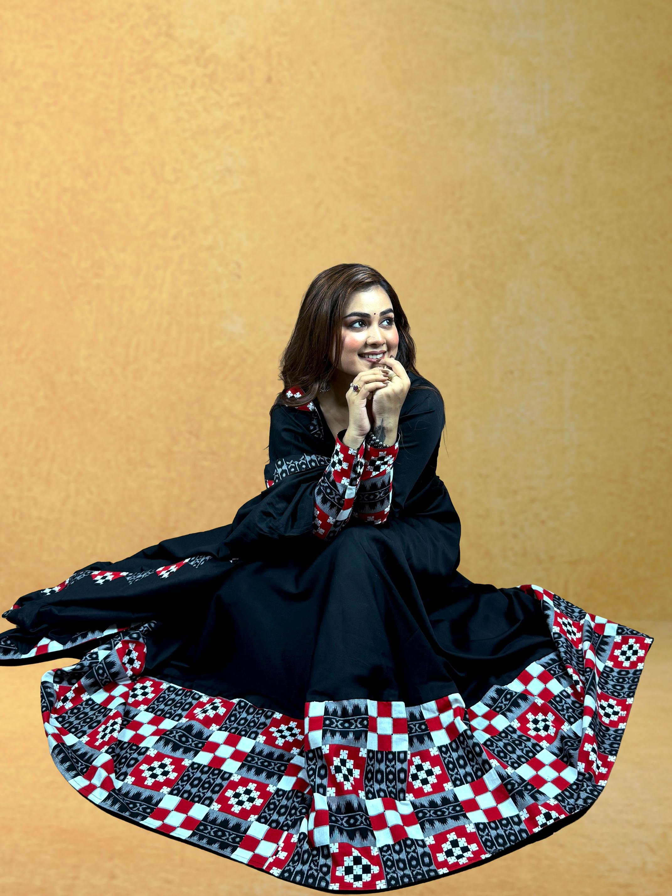Black Sambalpuri Border Anarkali Set