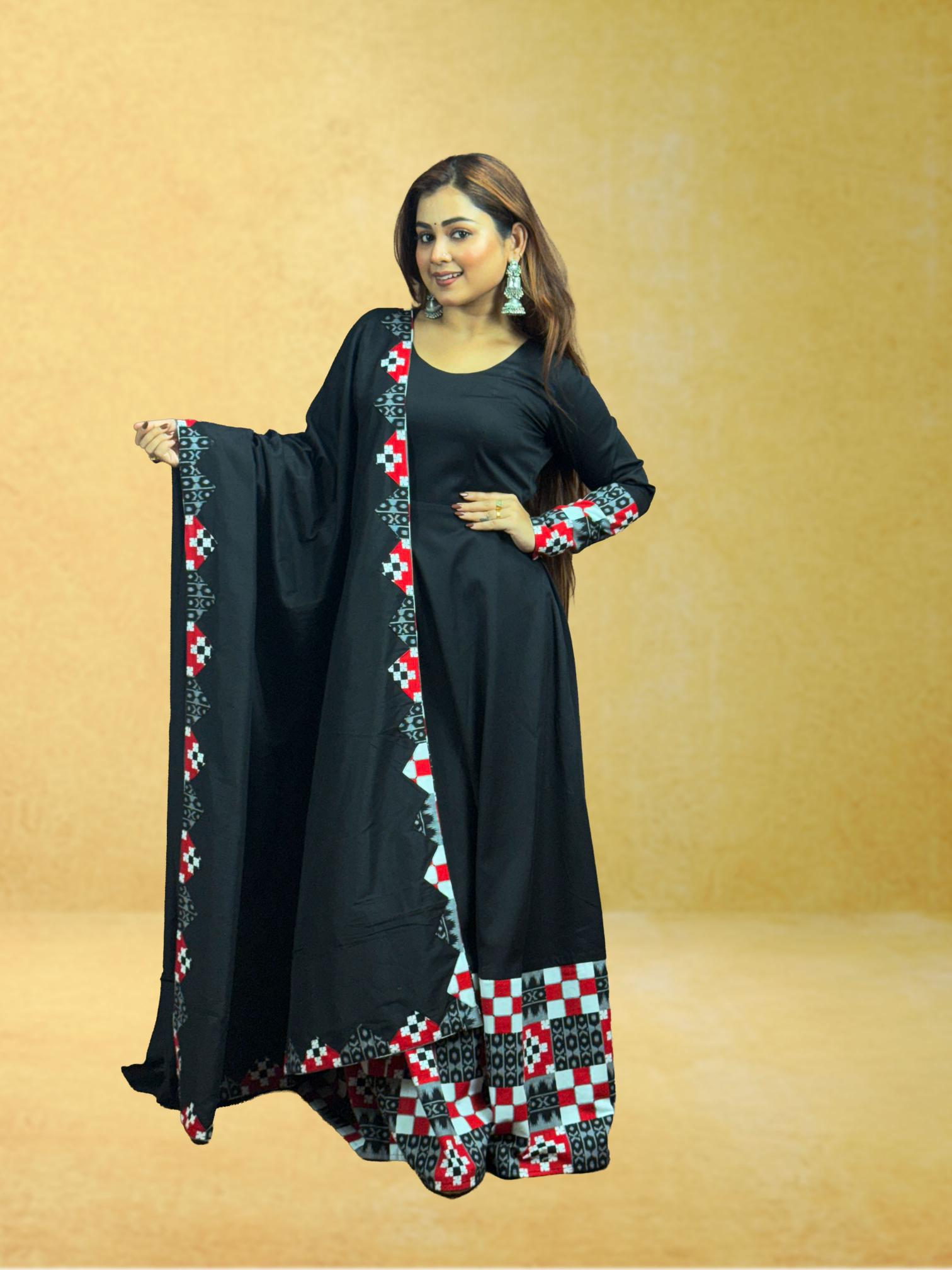 Black Sambalpuri Border Anarkali Set