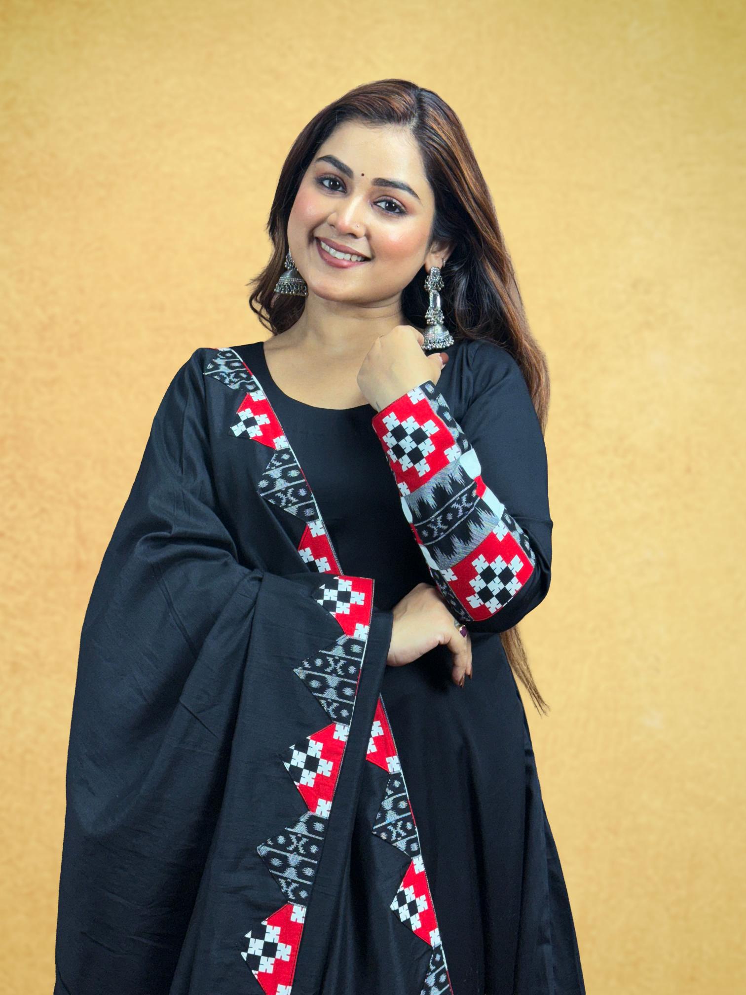 Black Sambalpuri Border Anarkali Set
