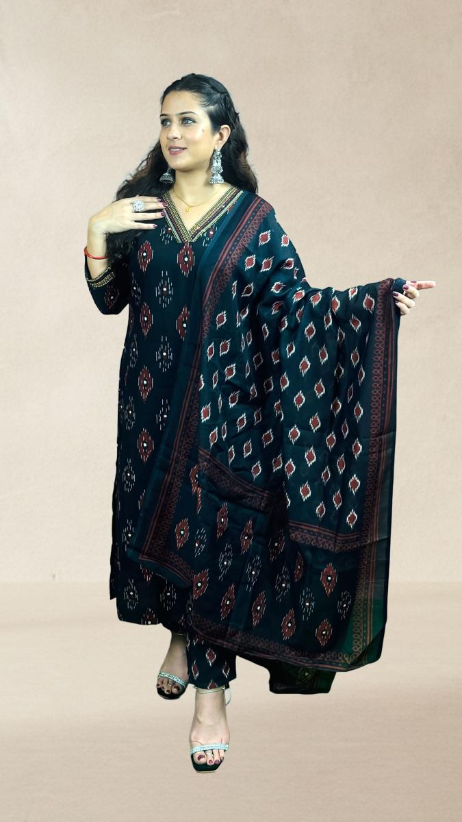 Black with Multicolour Sambalpuri Ikat Motifs