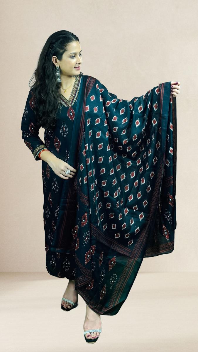 Black with Multicolour Sambalpuri Ikat Motifs
