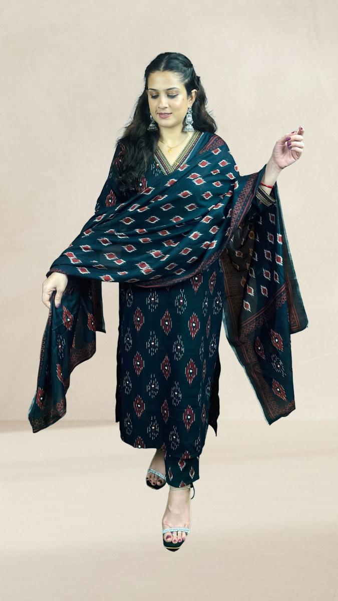 Black with Multicolour Sambalpuri Ikat Motifs