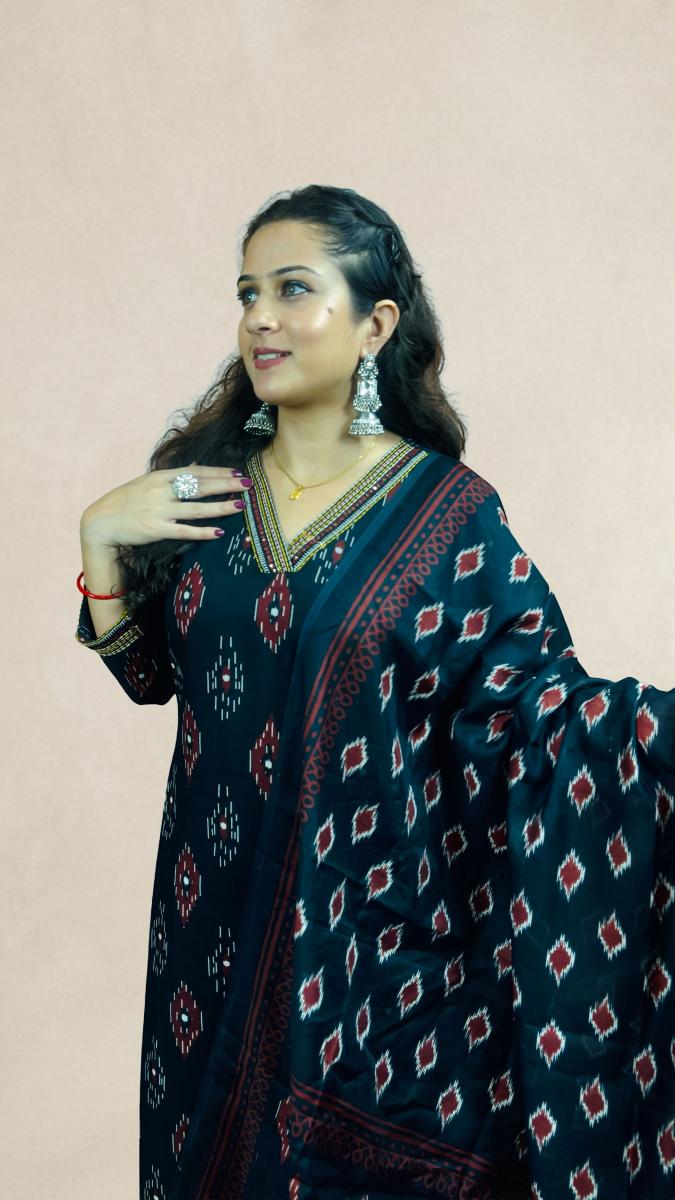 Black with Multicolour Sambalpuri Ikat Motifs