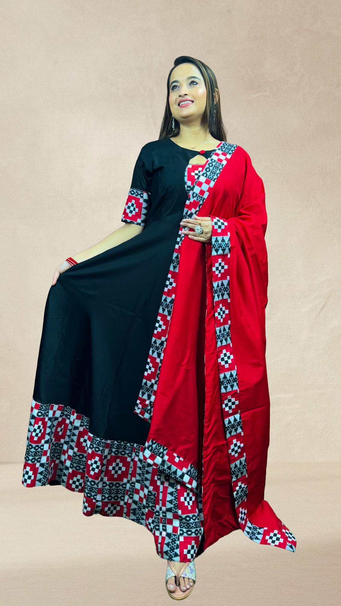 Black & Red Sambalpuri Border Anarkali Set