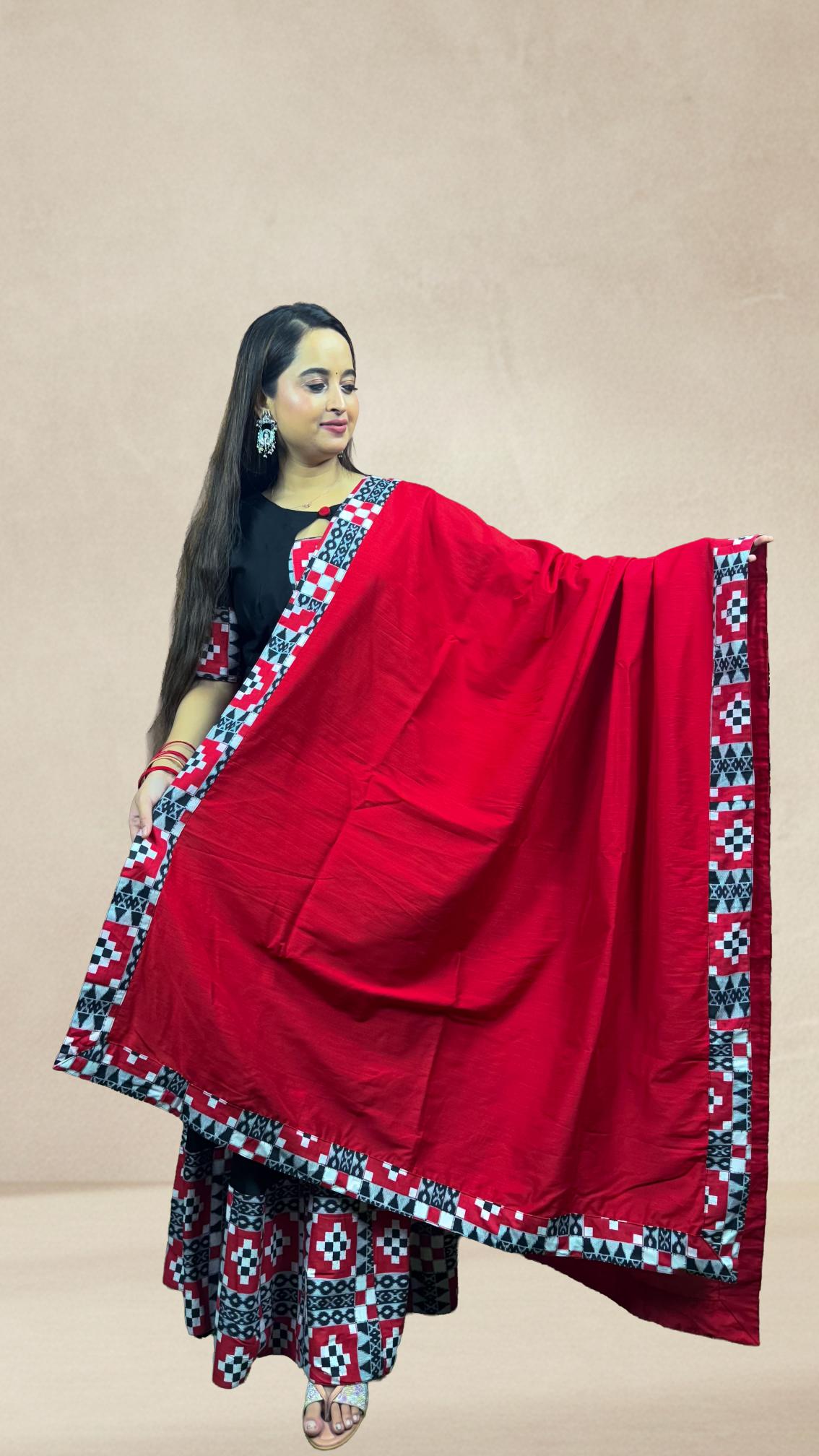 Black & Red Sambalpuri Border Anarkali Set