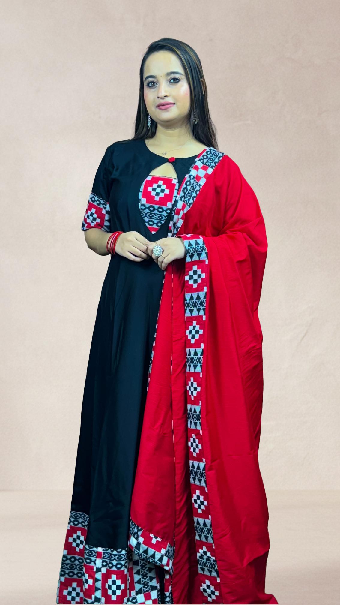 Black & Red Sambalpuri Border Anarkali Set
