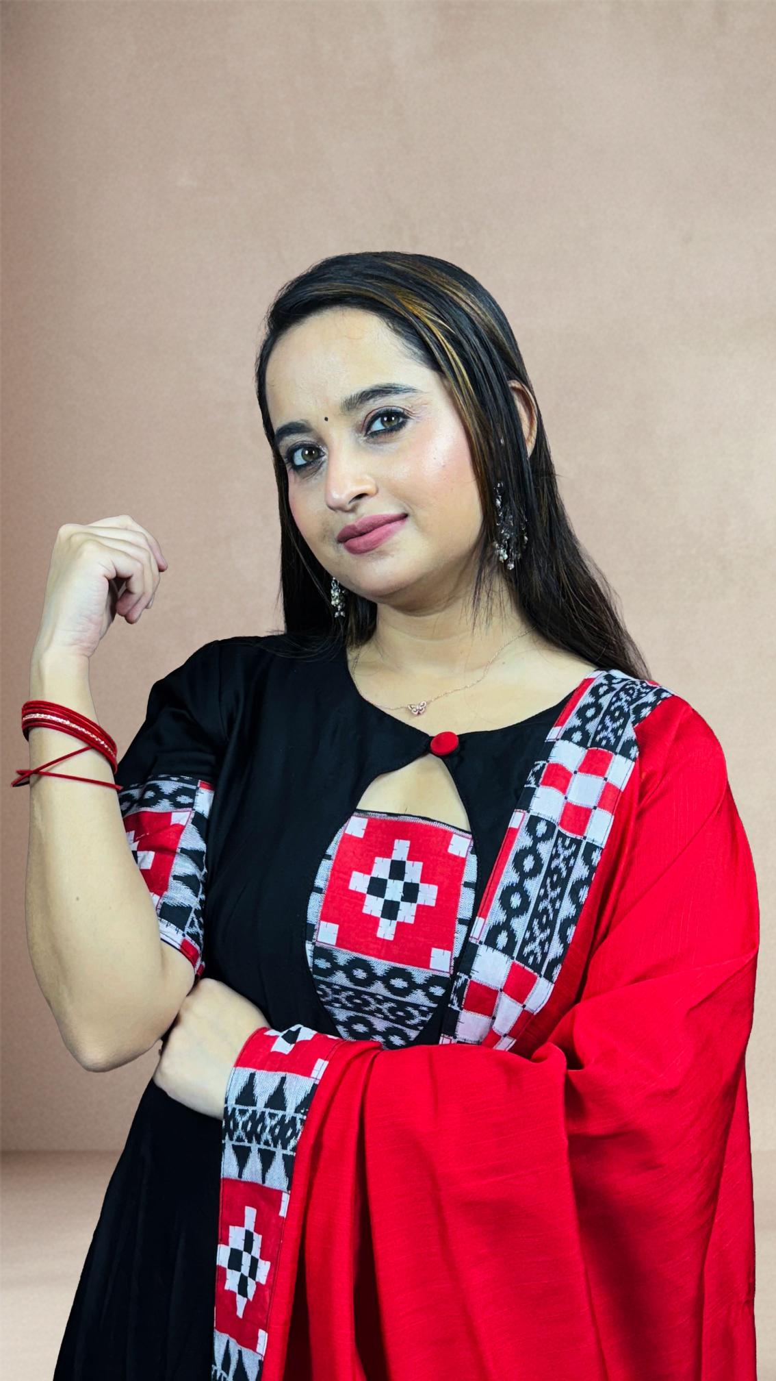 Black & Red Sambalpuri Border Anarkali Set
