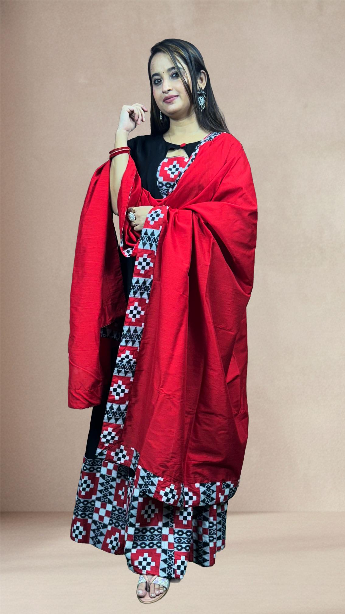 Black & Red Sambalpuri Border Anarkali Set