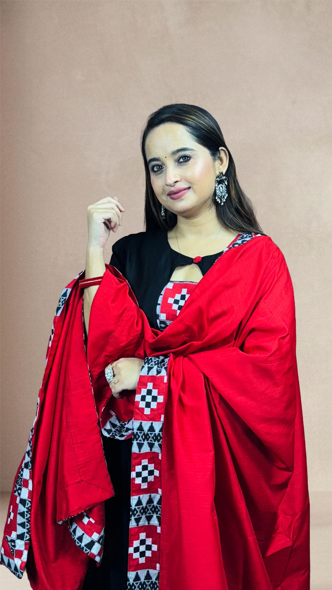 Black & Red Sambalpuri Border Anarkali Set