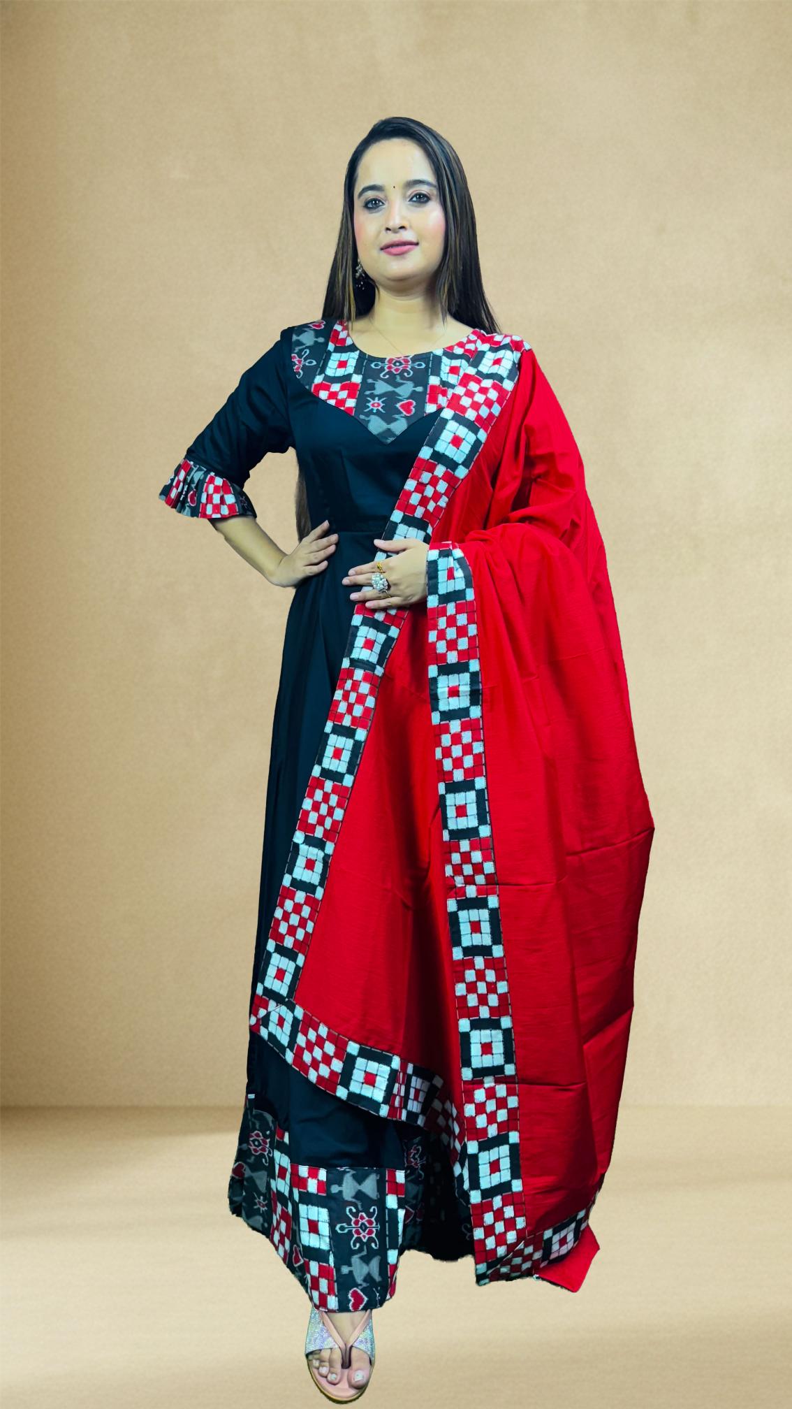 Black & Red Sambalpuri Patchwork Anarkali Set