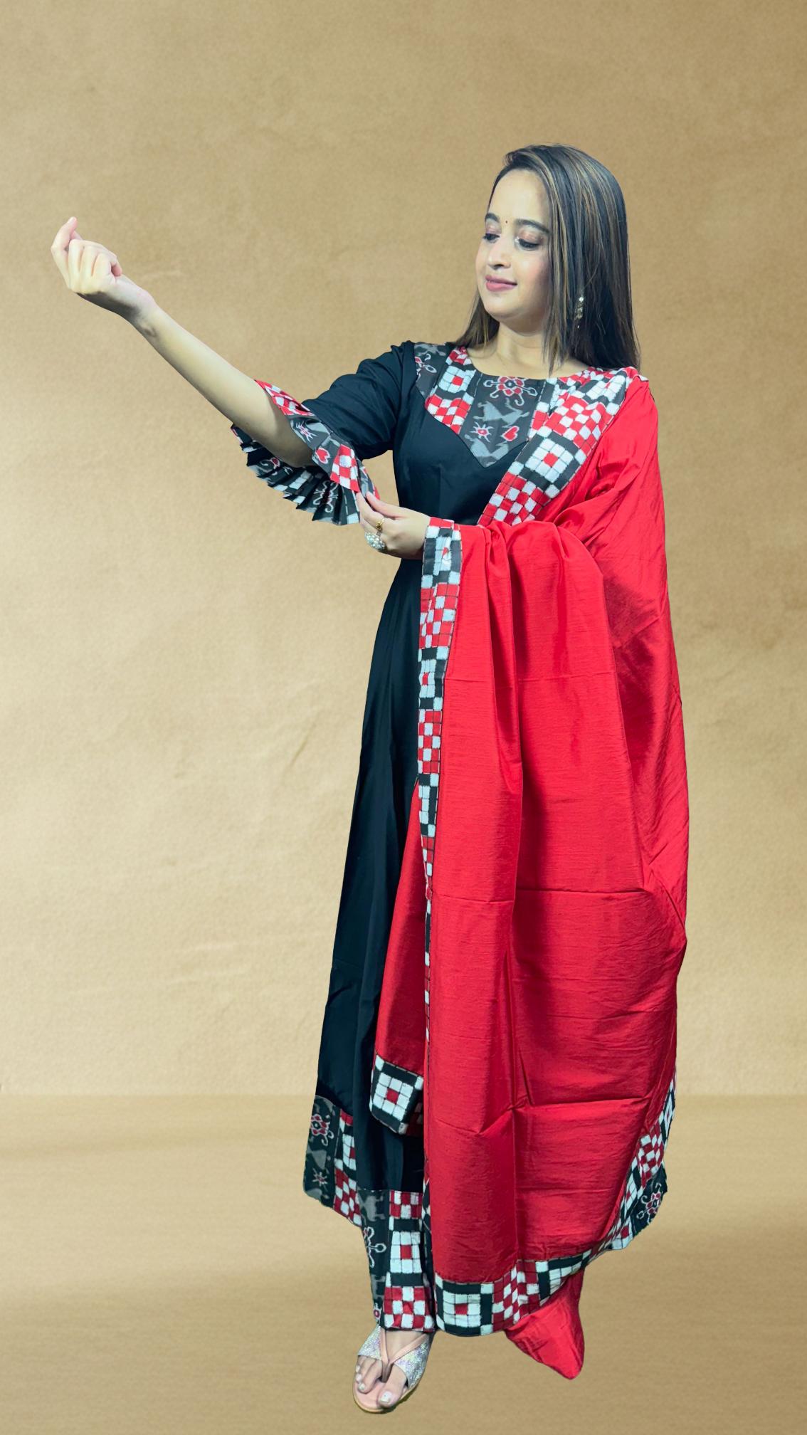 Black & Red Sambalpuri Patchwork Anarkali Set