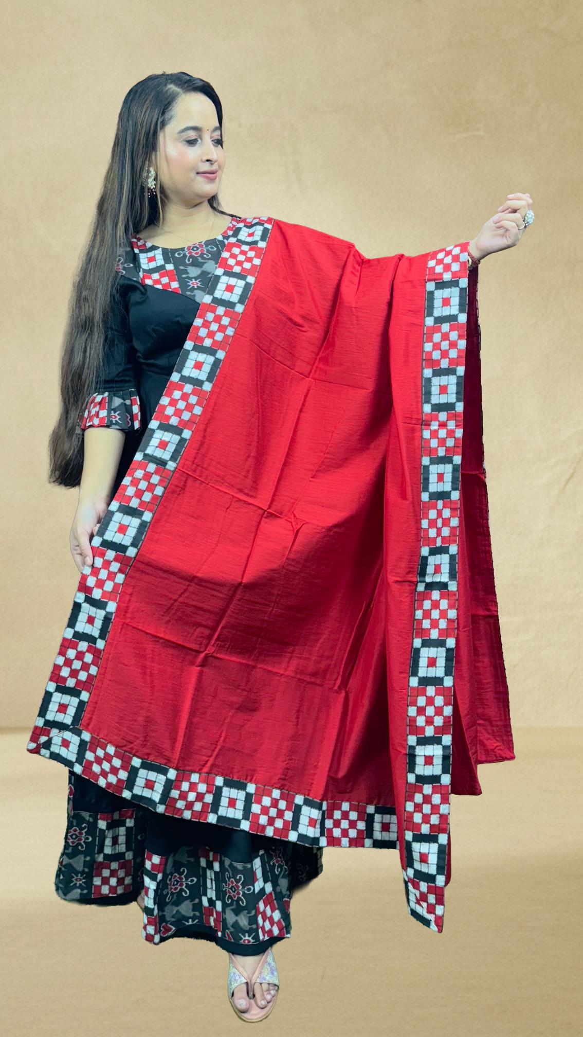 Black & Red Sambalpuri Patchwork Anarkali Set
