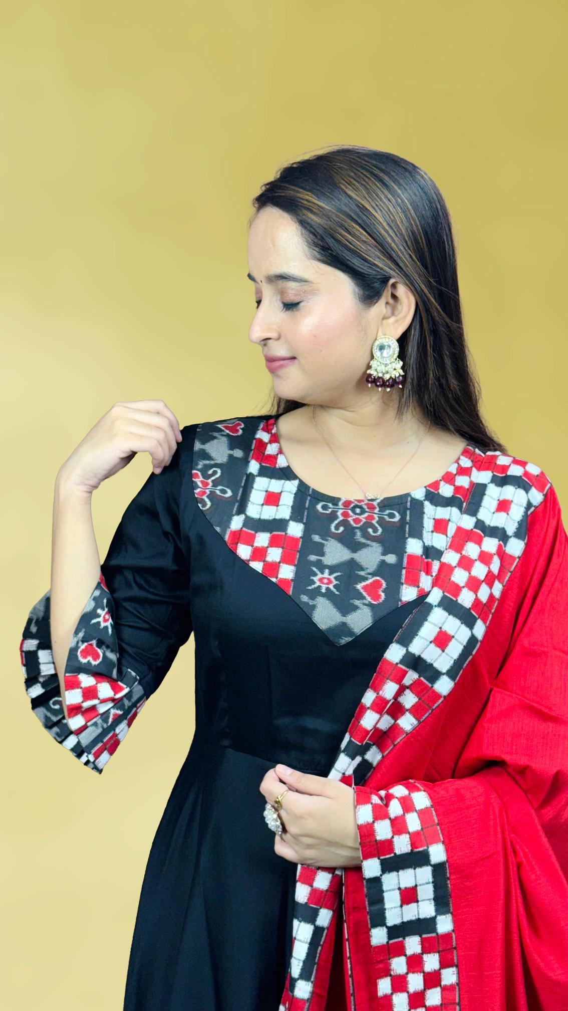 Black & Red Sambalpuri Patchwork Anarkali Set