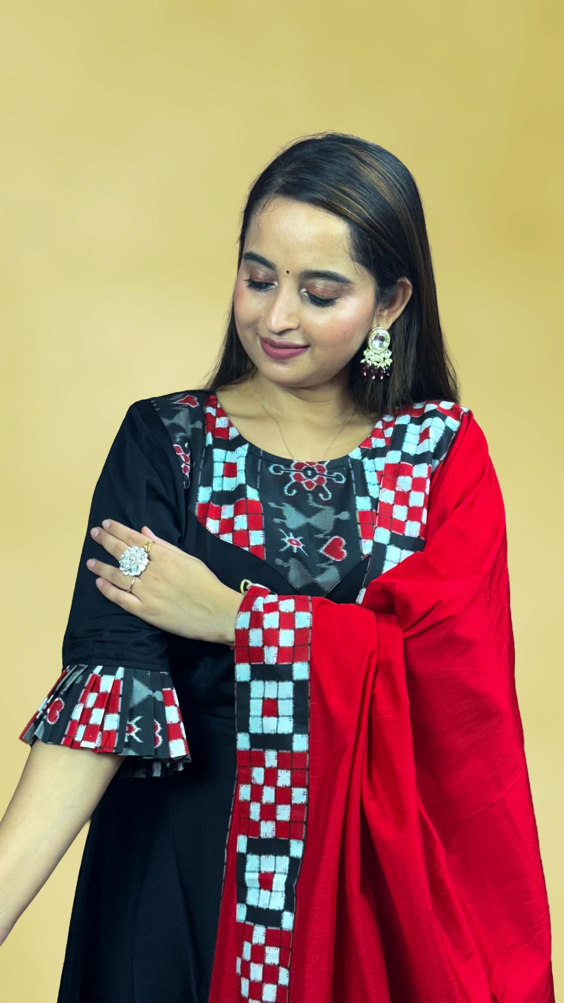 Black & Red Sambalpuri Patchwork Anarkali Set