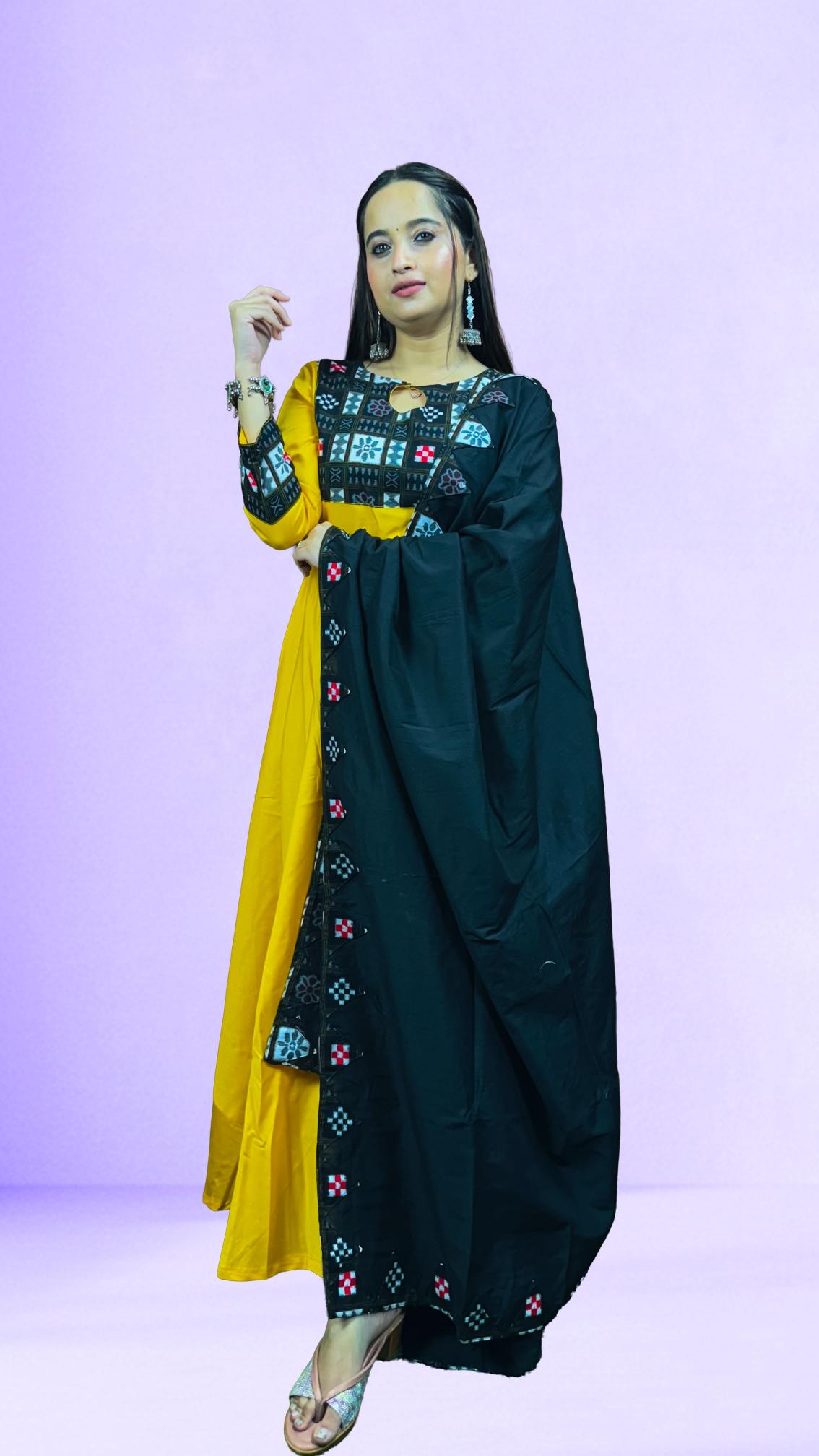 Yellow & Black Sambalpuri Patchwork Anarkali Set