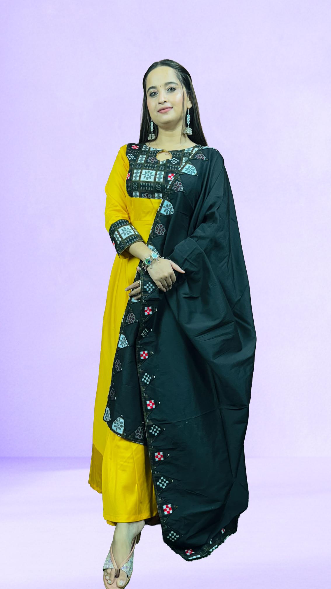Yellow & Black Sambalpuri Patchwork Anarkali Set