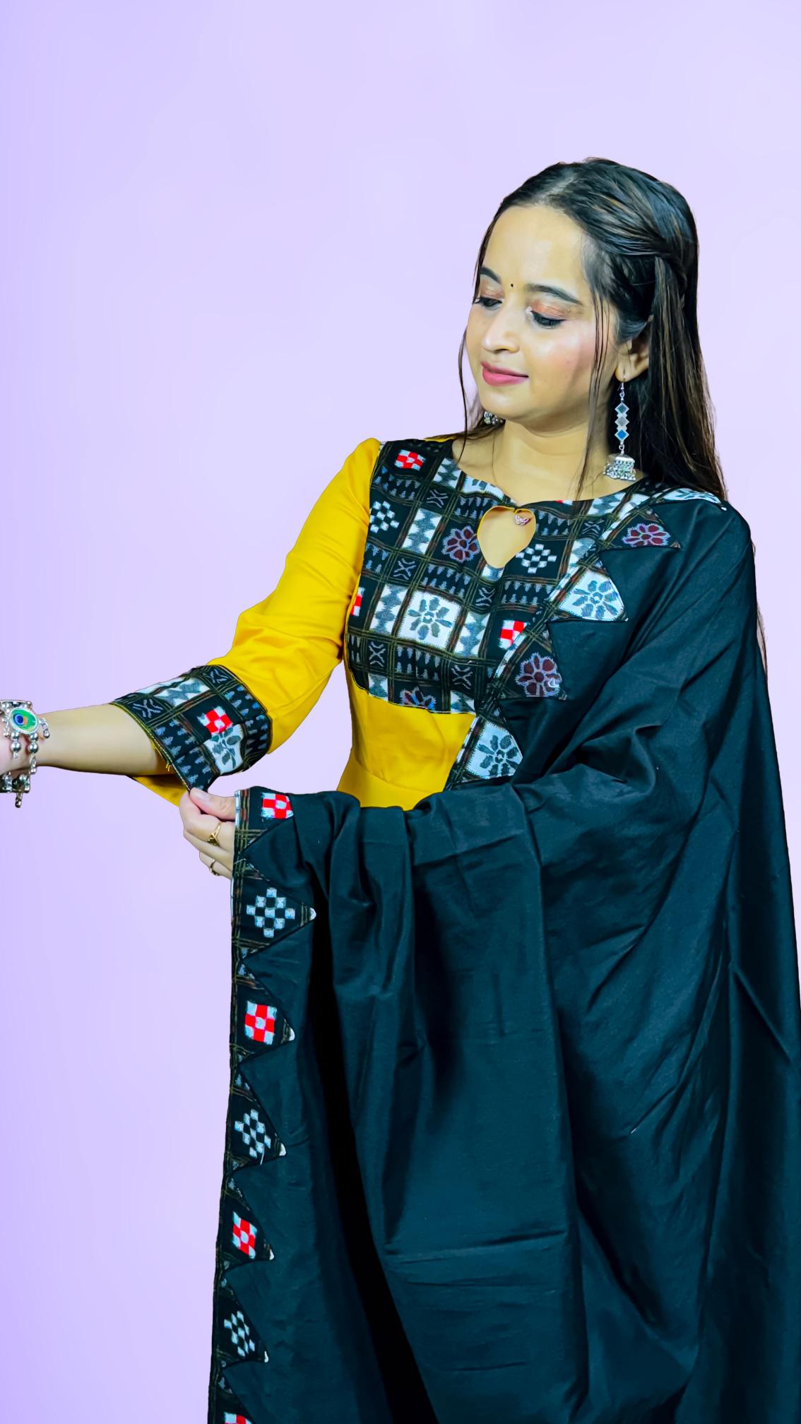 Yellow & Black Sambalpuri Patchwork Anarkali Set