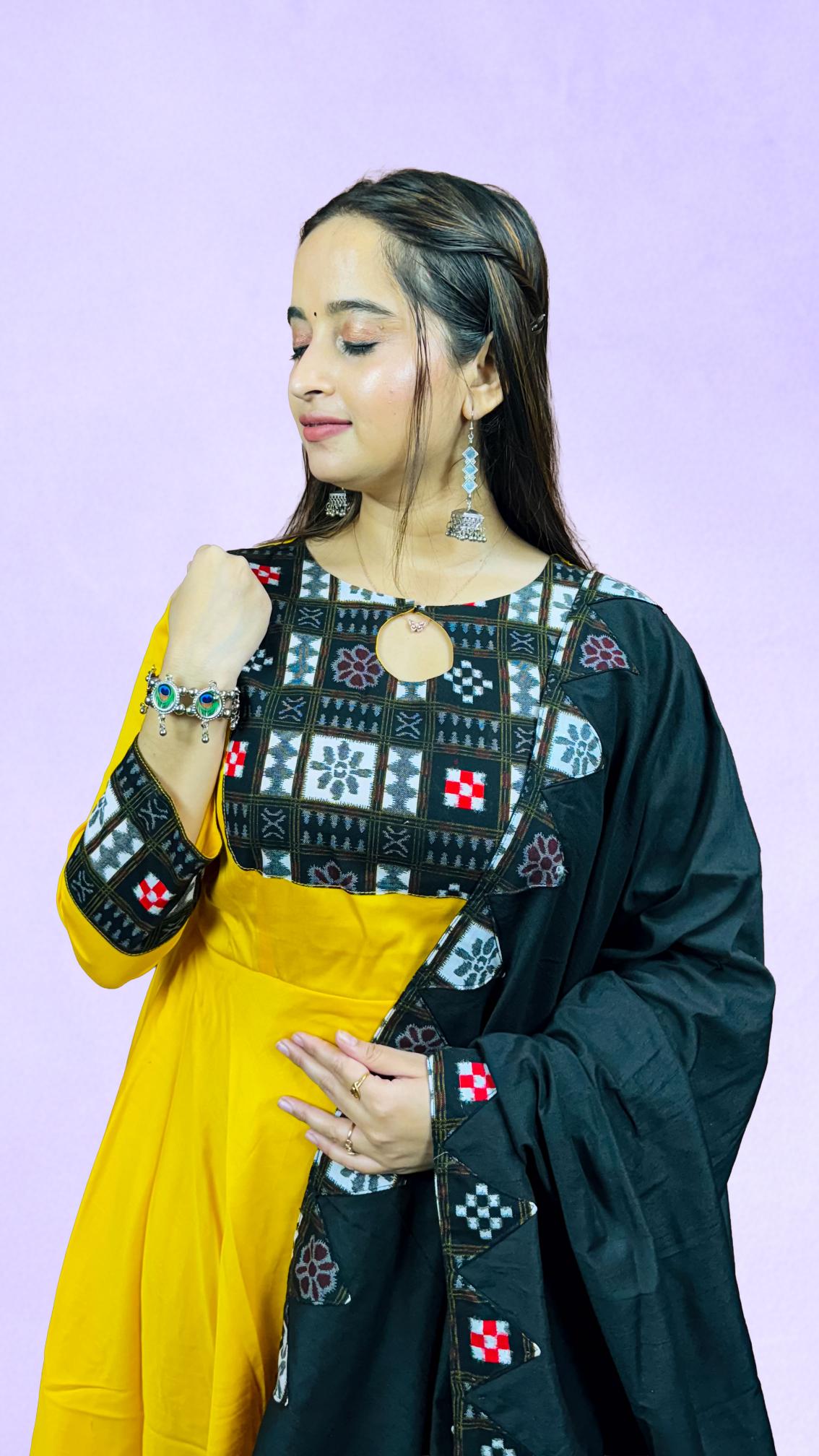 Yellow & Black Sambalpuri Patchwork Anarkali Set