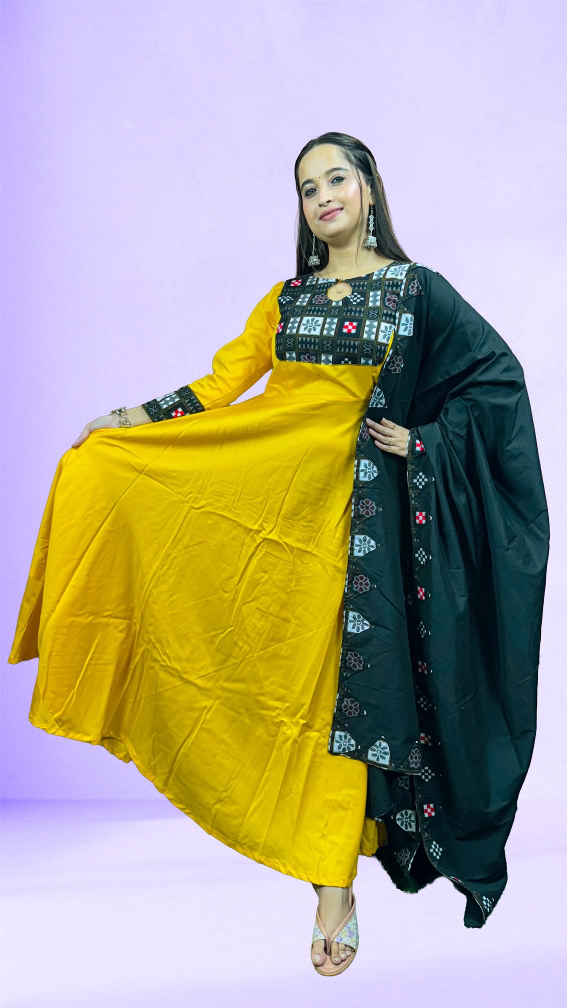 Yellow & Black Sambalpuri Patchwork Anarkali Set