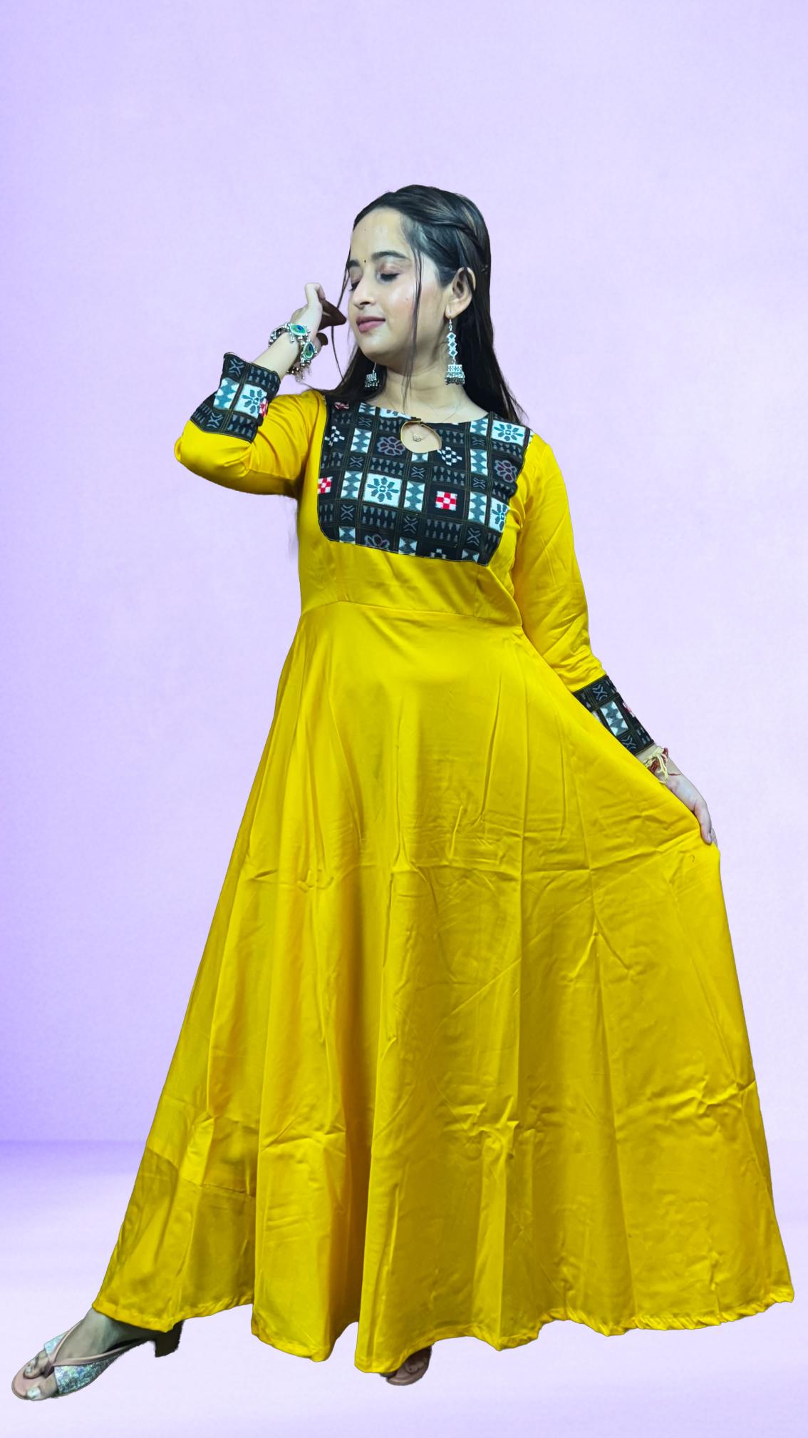 Yellow & Black Sambalpuri Patchwork Anarkali Set