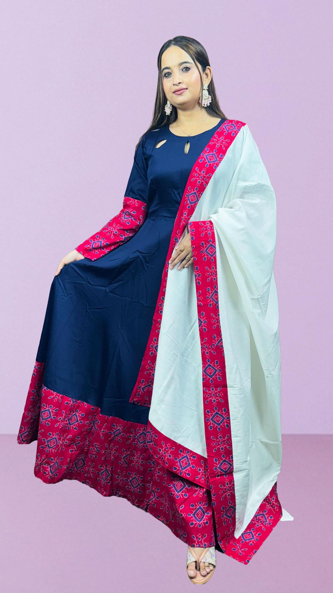Navy Blue & Pink Sambalpuri Border Anarkali Set