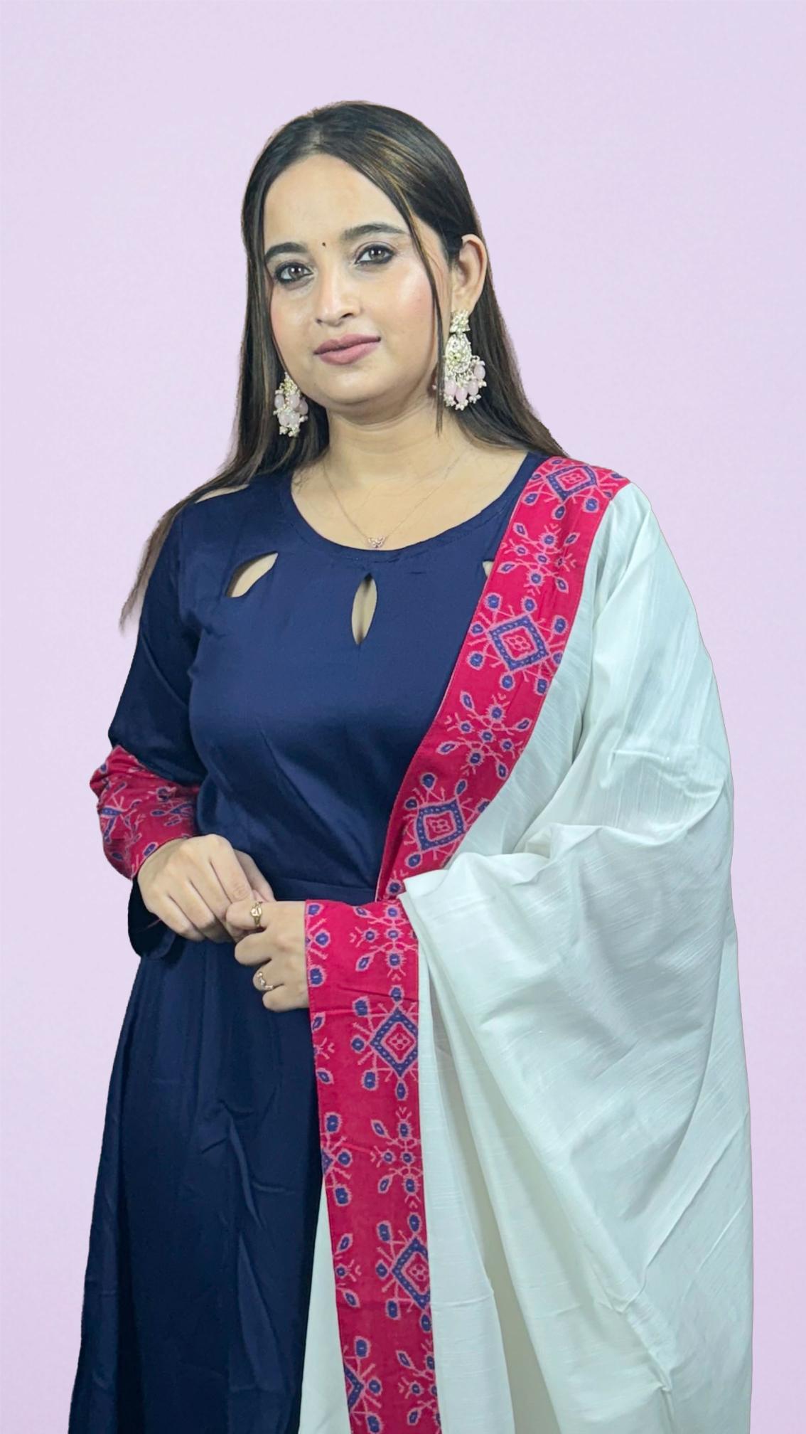 Navy Blue & Pink Sambalpuri Border Anarkali Set