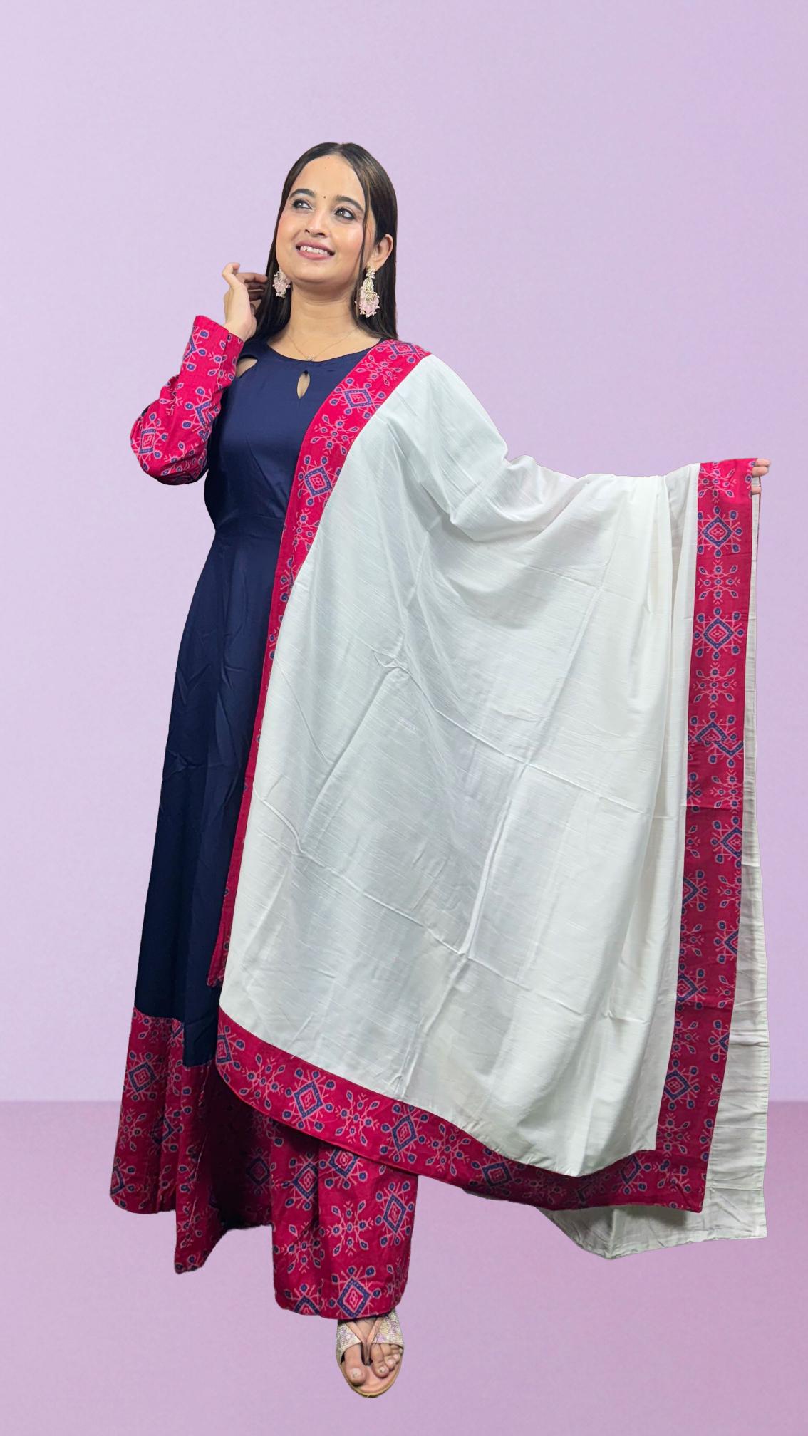 Navy Blue & Pink Sambalpuri Border Anarkali Set