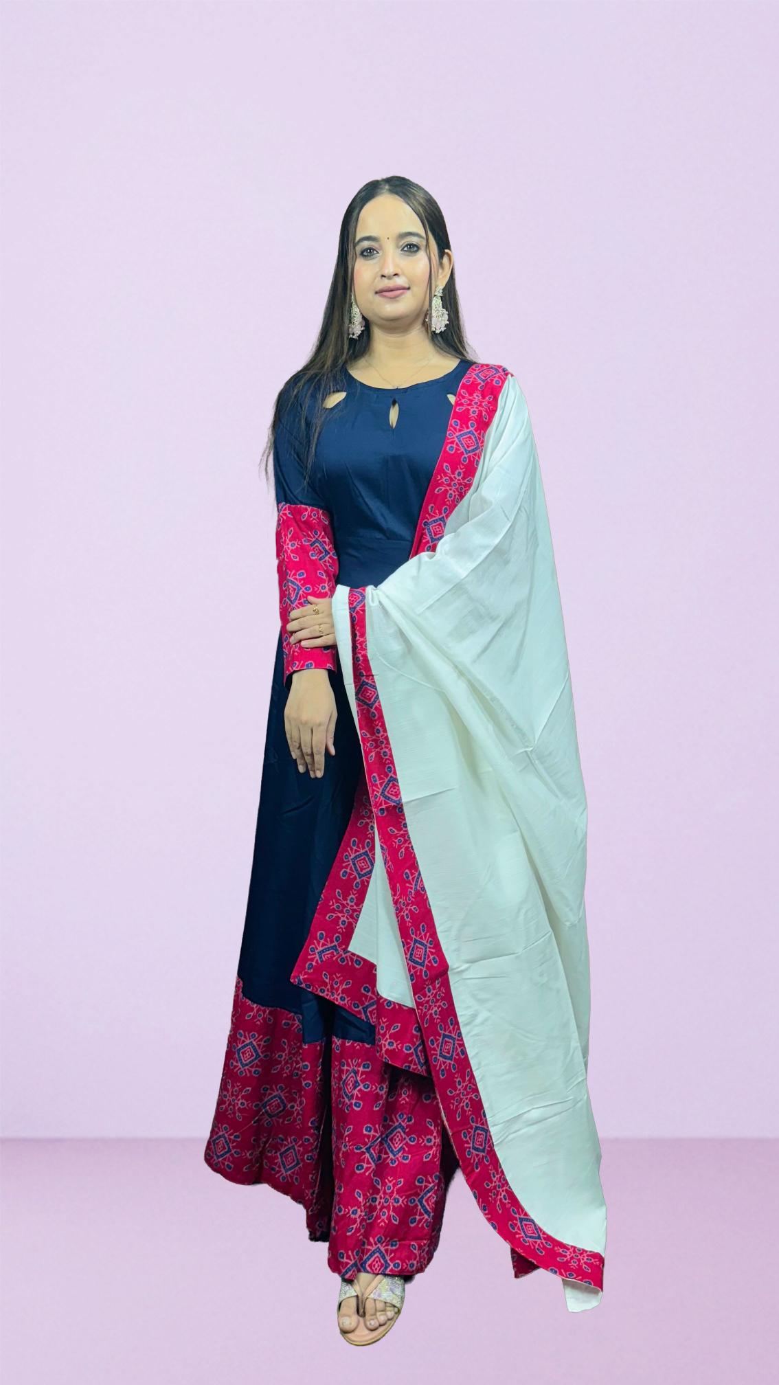 Navy Blue & Pink Sambalpuri Border Anarkali Set