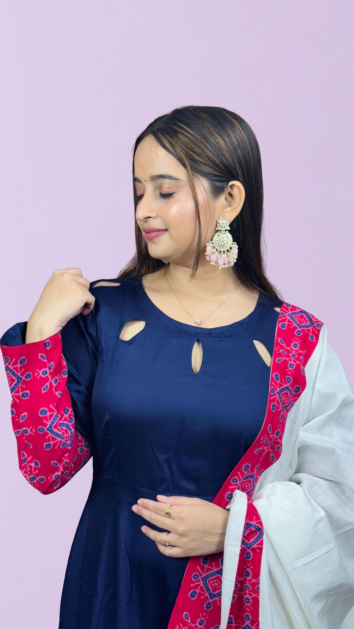 Navy Blue & Pink Sambalpuri Border Anarkali Set