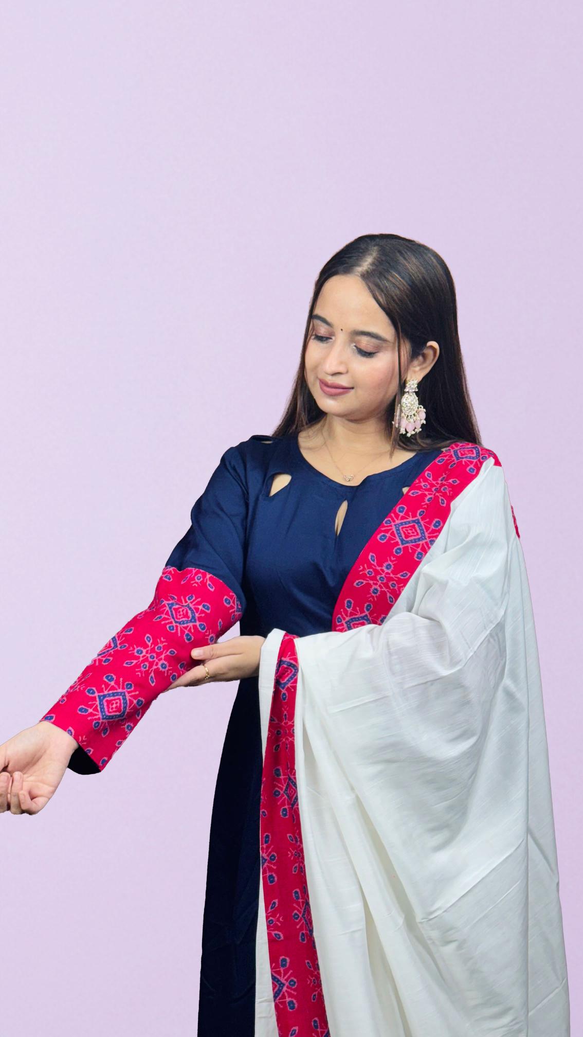 Navy Blue & Pink Sambalpuri Border Anarkali Set