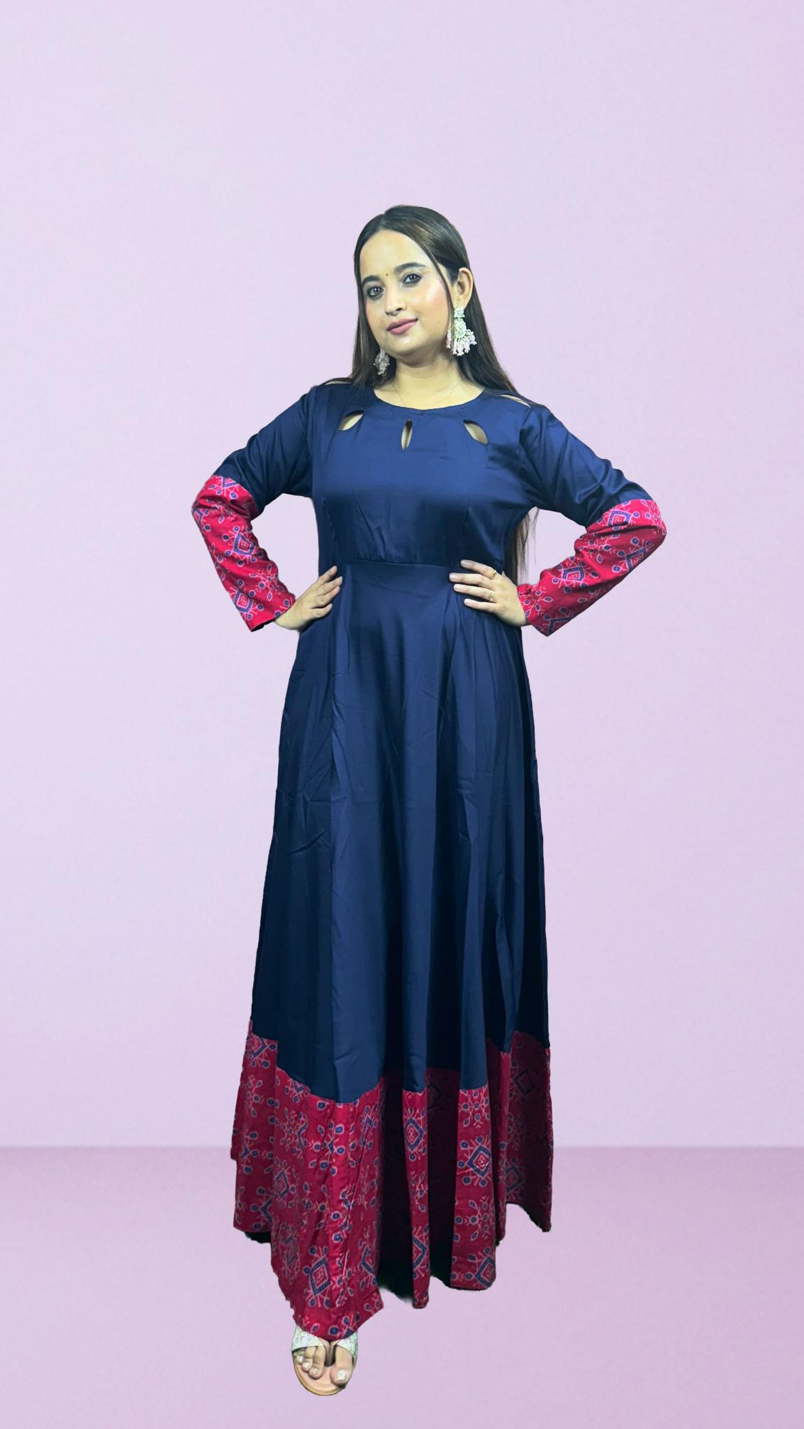 Navy Blue & Pink Sambalpuri Border Anarkali Set