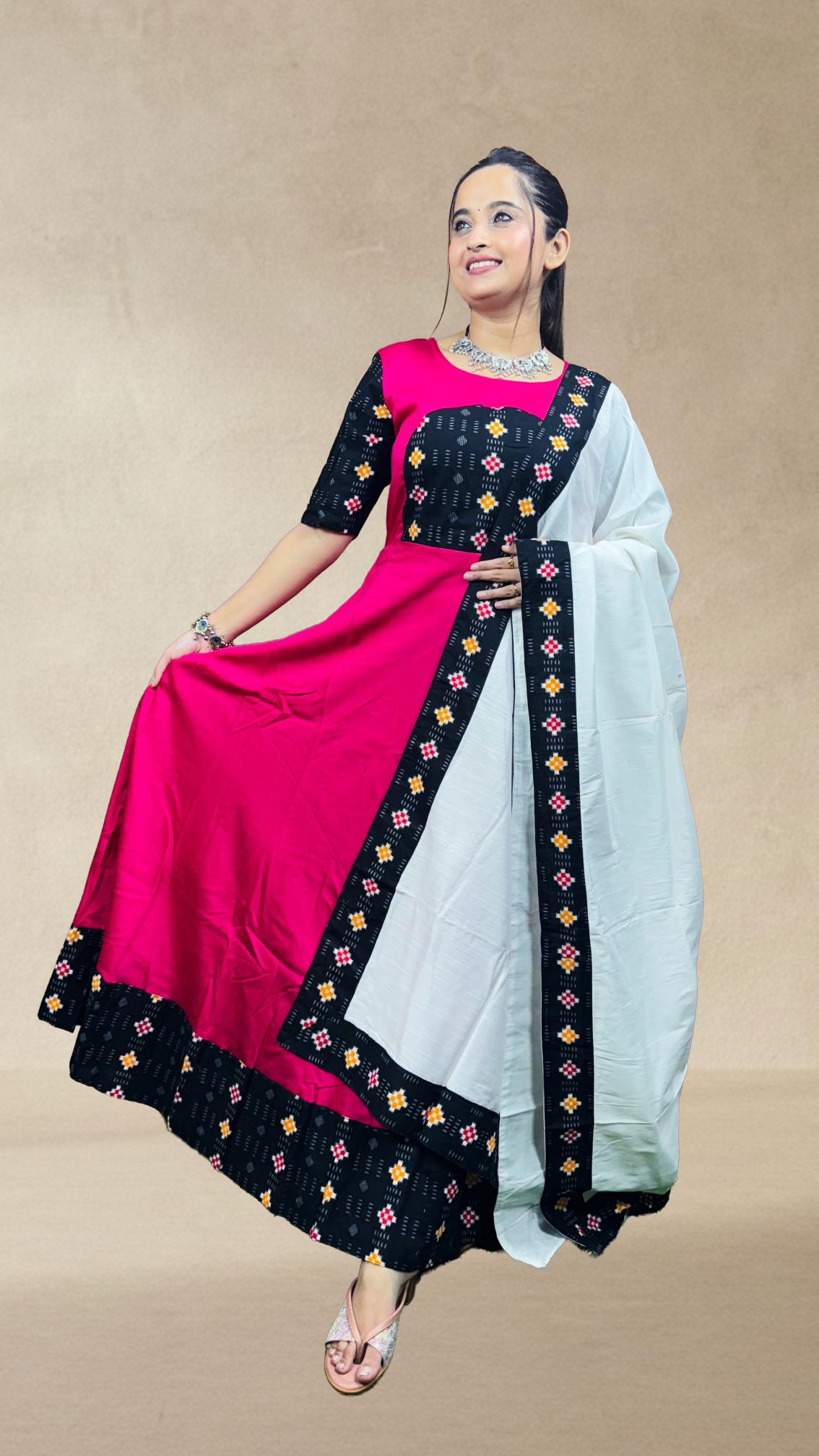 Pink & Black Sambalpuri Patchwork Anarkali Set