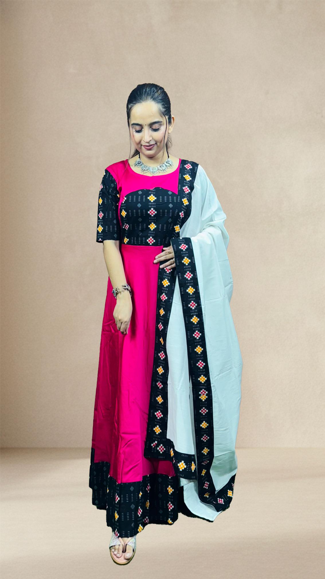 Pink & Black Sambalpuri Patchwork Anarkali Set