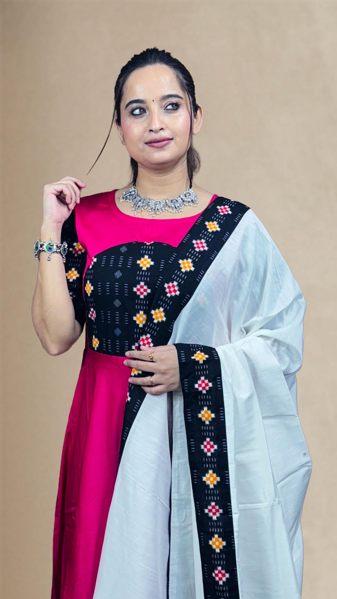Pink & Black Sambalpuri Patchwork Anarkali Set