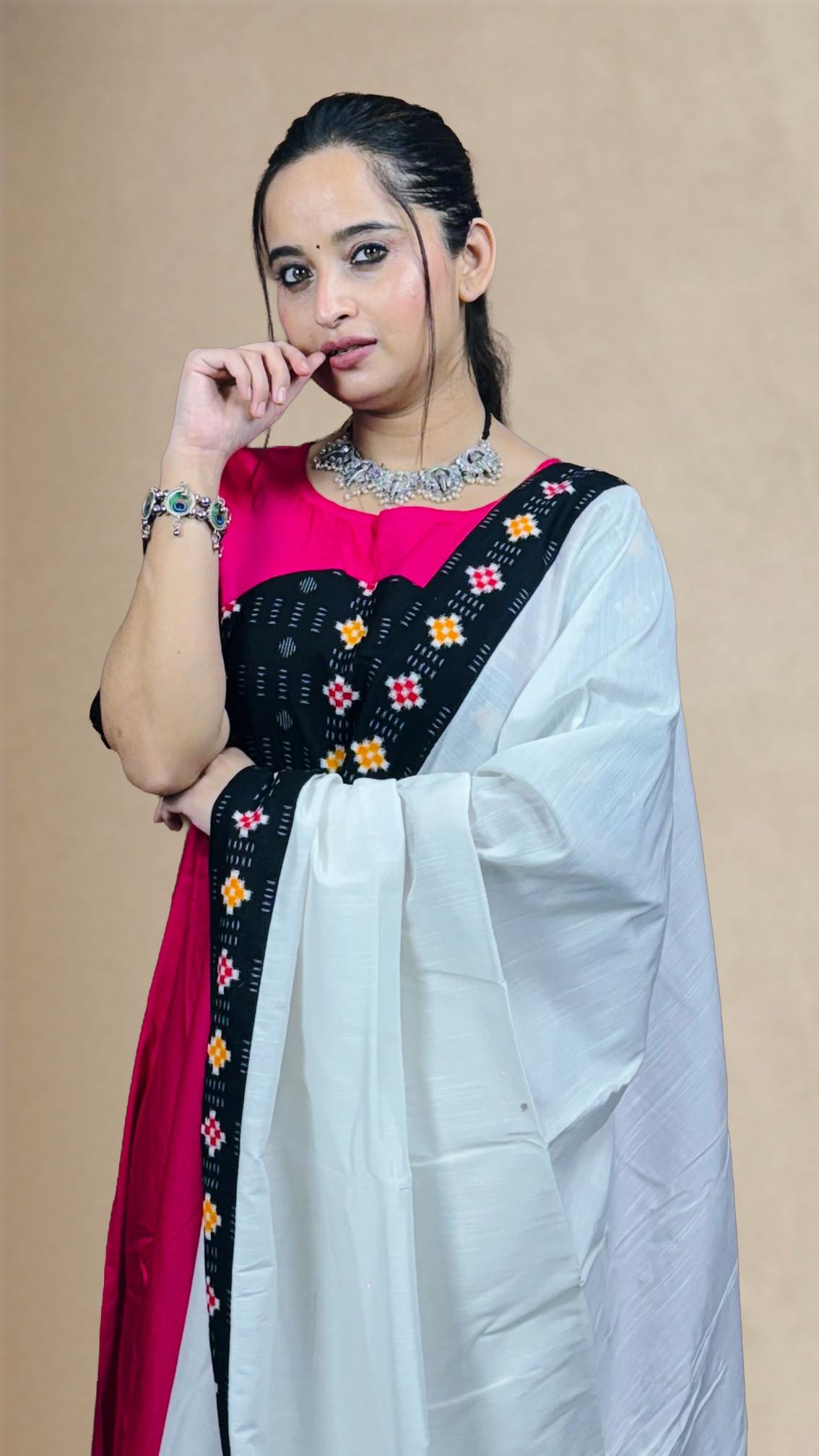 Pink & Black Sambalpuri Patchwork Anarkali Set