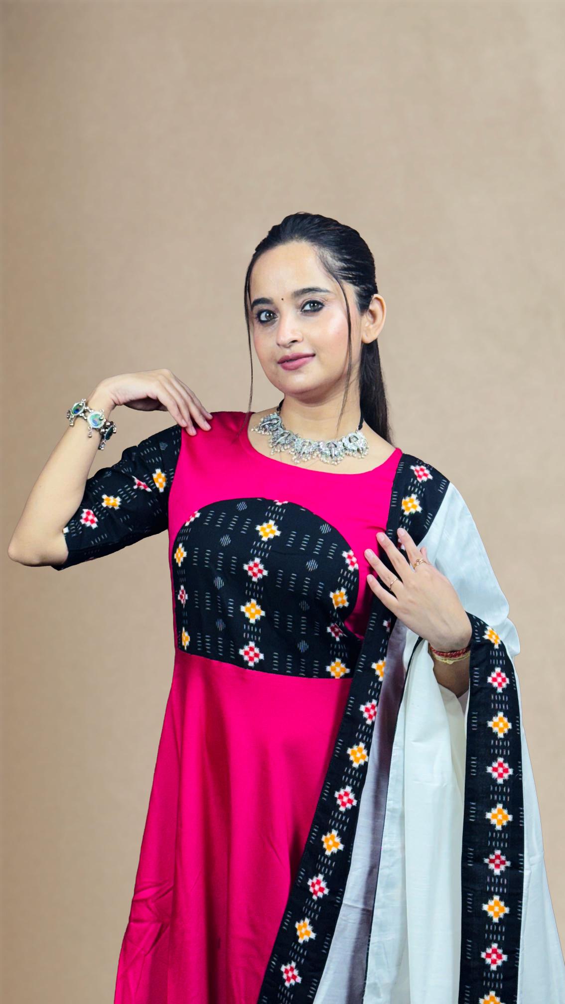 Pink & Black Sambalpuri Patchwork Anarkali Set
