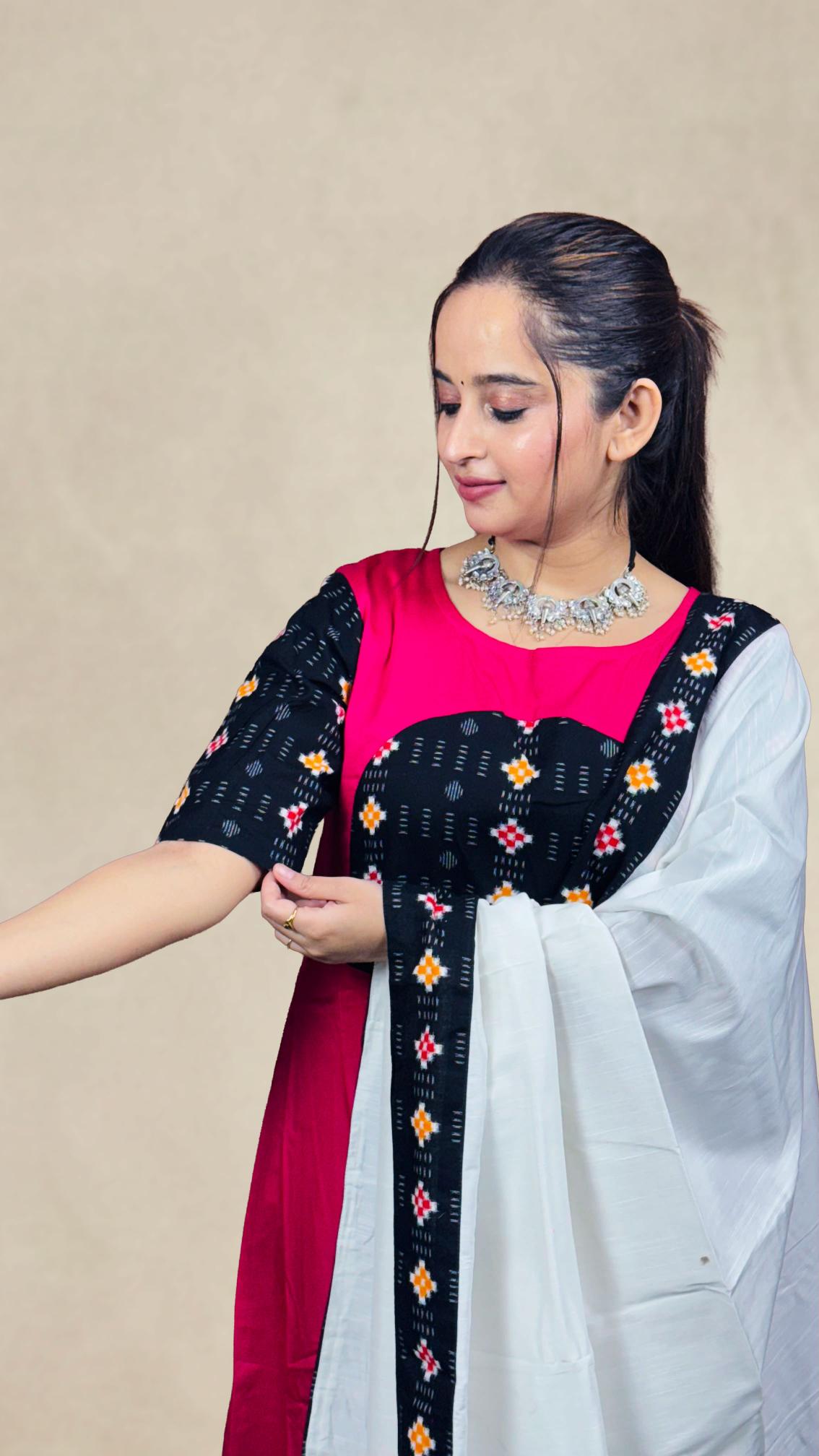 Pink & Black Sambalpuri Patchwork Anarkali Set