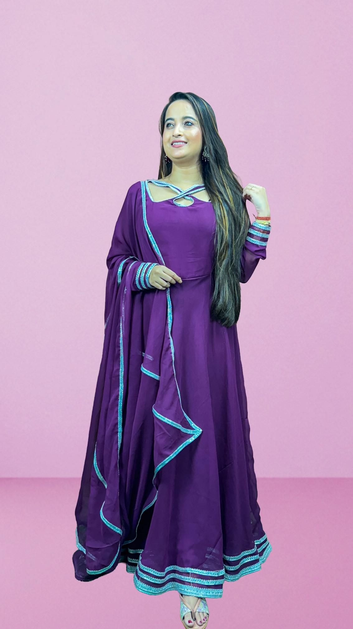 Plum Purple Lace-Trim Anarkali Set