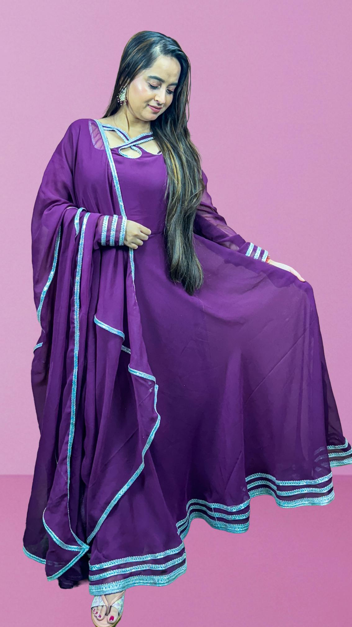Plum Purple Lace-Trim Anarkali Set